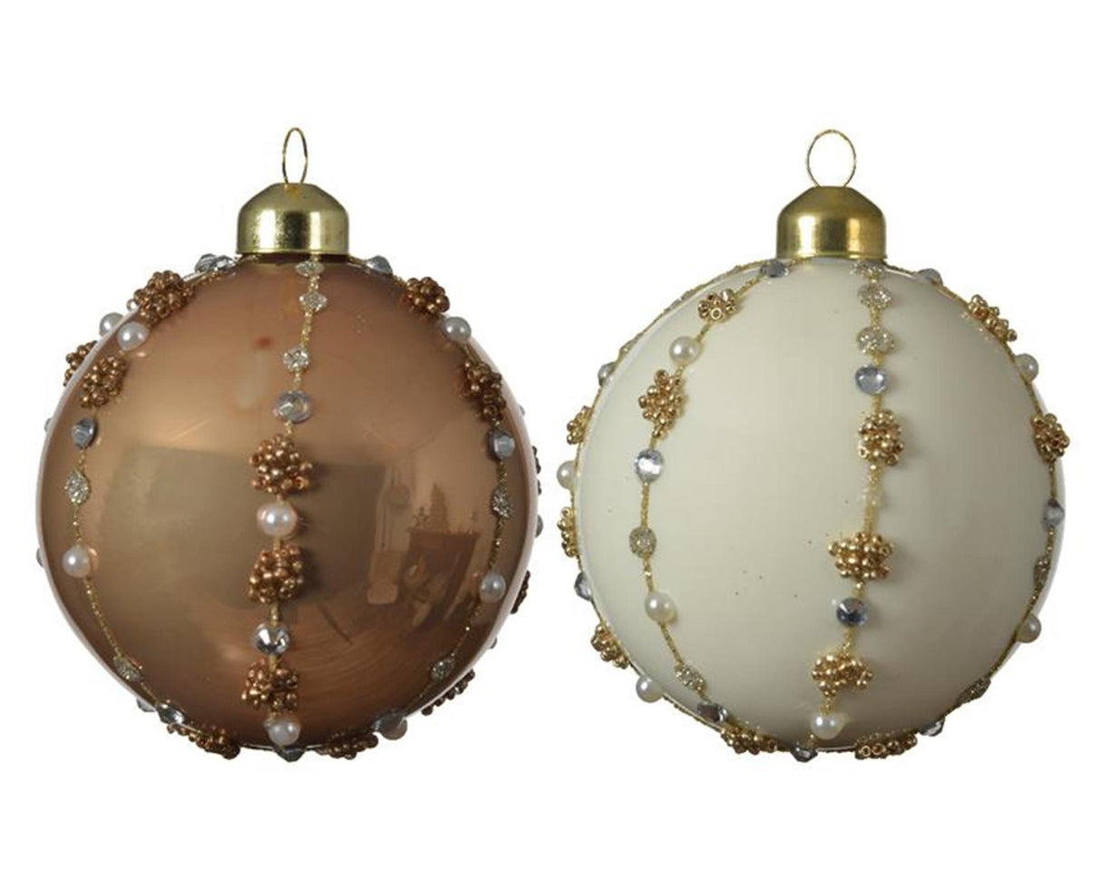Decoris gedecoreerde kerstballenset van glas set a 3 ballen dia 8cm in kleuren wol wit of camel brown