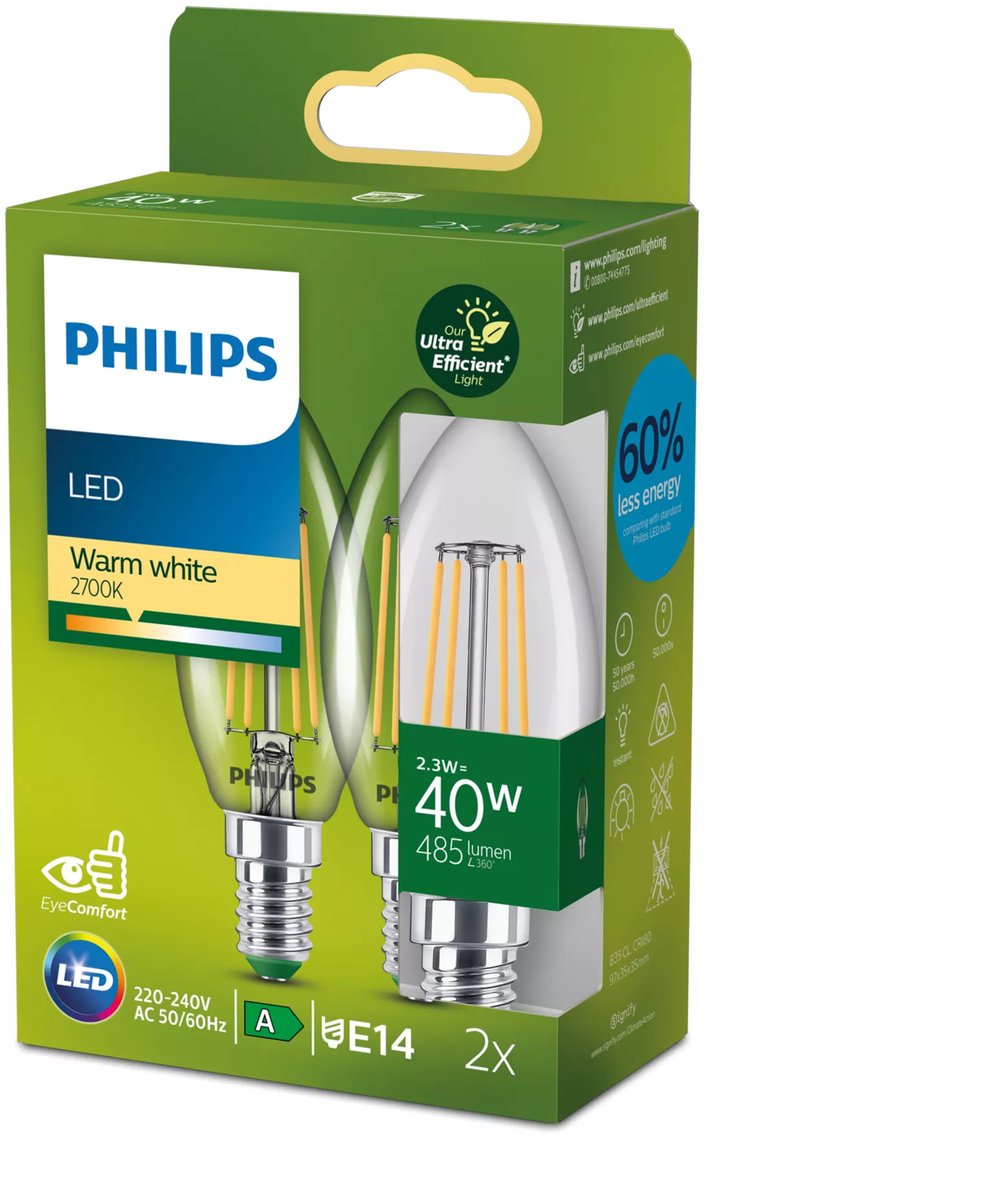 Philips led philips ultra efficient led kaarslamp transparant - 40 w - e27 - warmwit licht