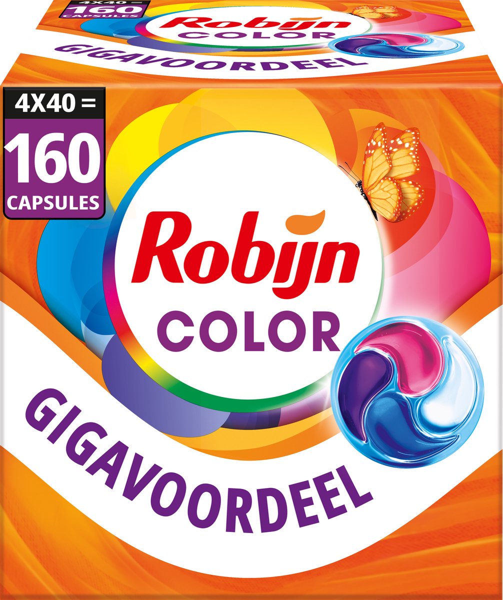 Robijn wasmiddel - 4-in-1 wascapsules - color - 4 x 40 stuks - 160 wasbeurten - voordeelverpakking
