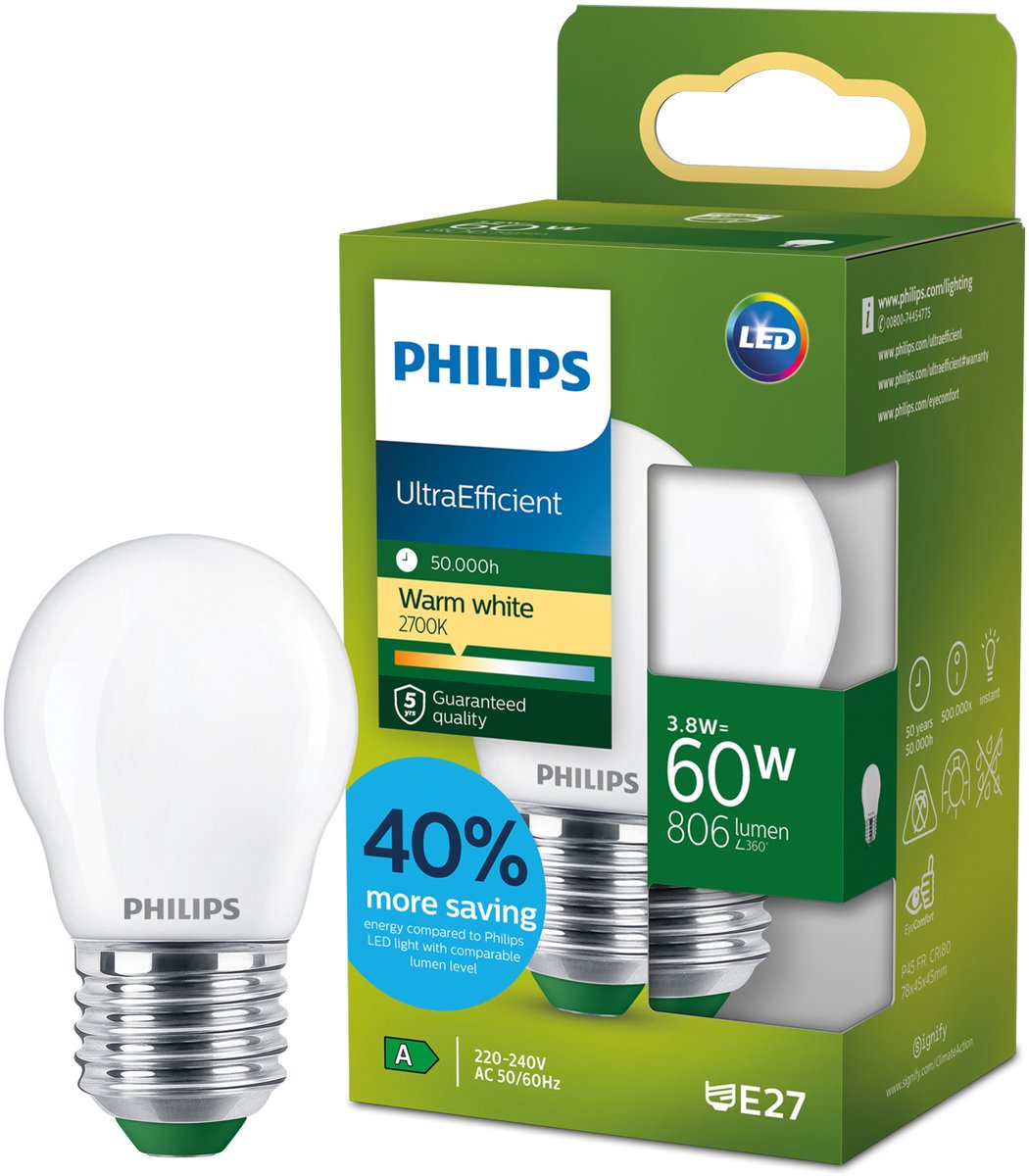 Philips led philips ultraefficient led lamp - 60w - e14 fitting - warmwit licht: 2700k - mat glas - p45 kogellamp - lange levensduur