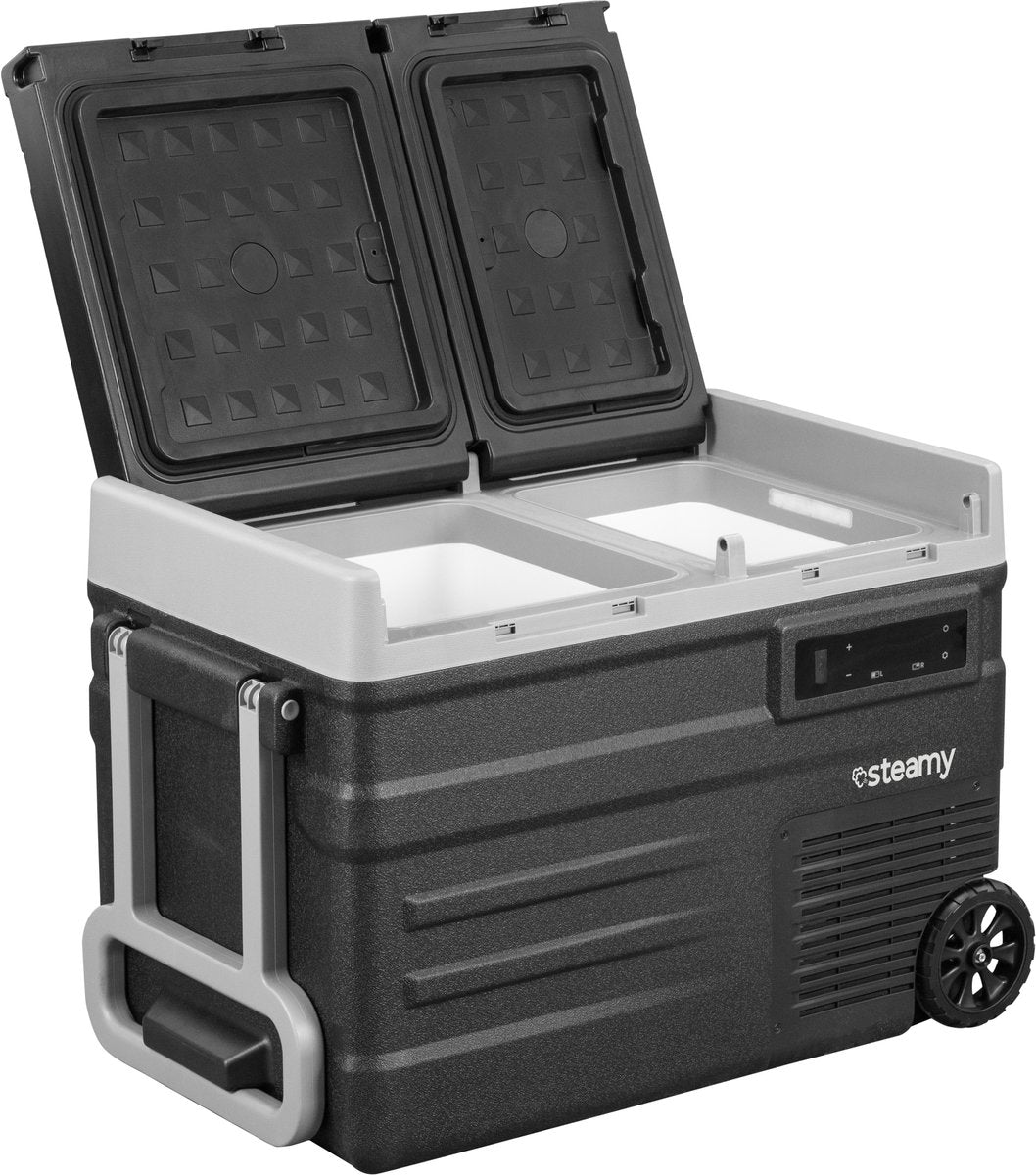 Steamy -e dual zone roller elektrische compressor koelbox op wielen - dual zone - 41 liter - 12v en 230v - voor auto en camping - zwart