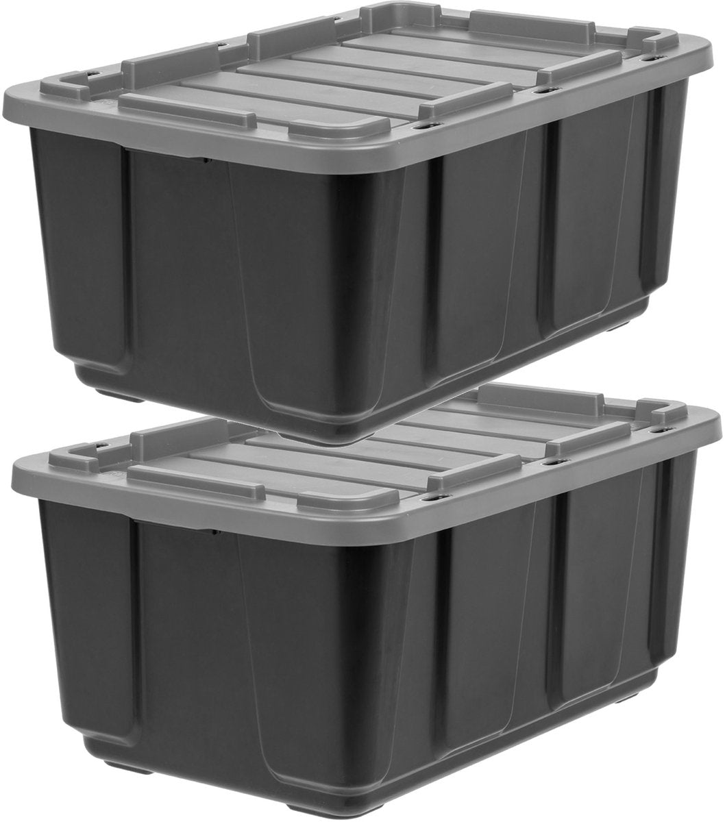 Iris utility opbergbox - 100l - extra sterk - stapelbaar - met deksel - kunststof - zwart grijs - set van 2