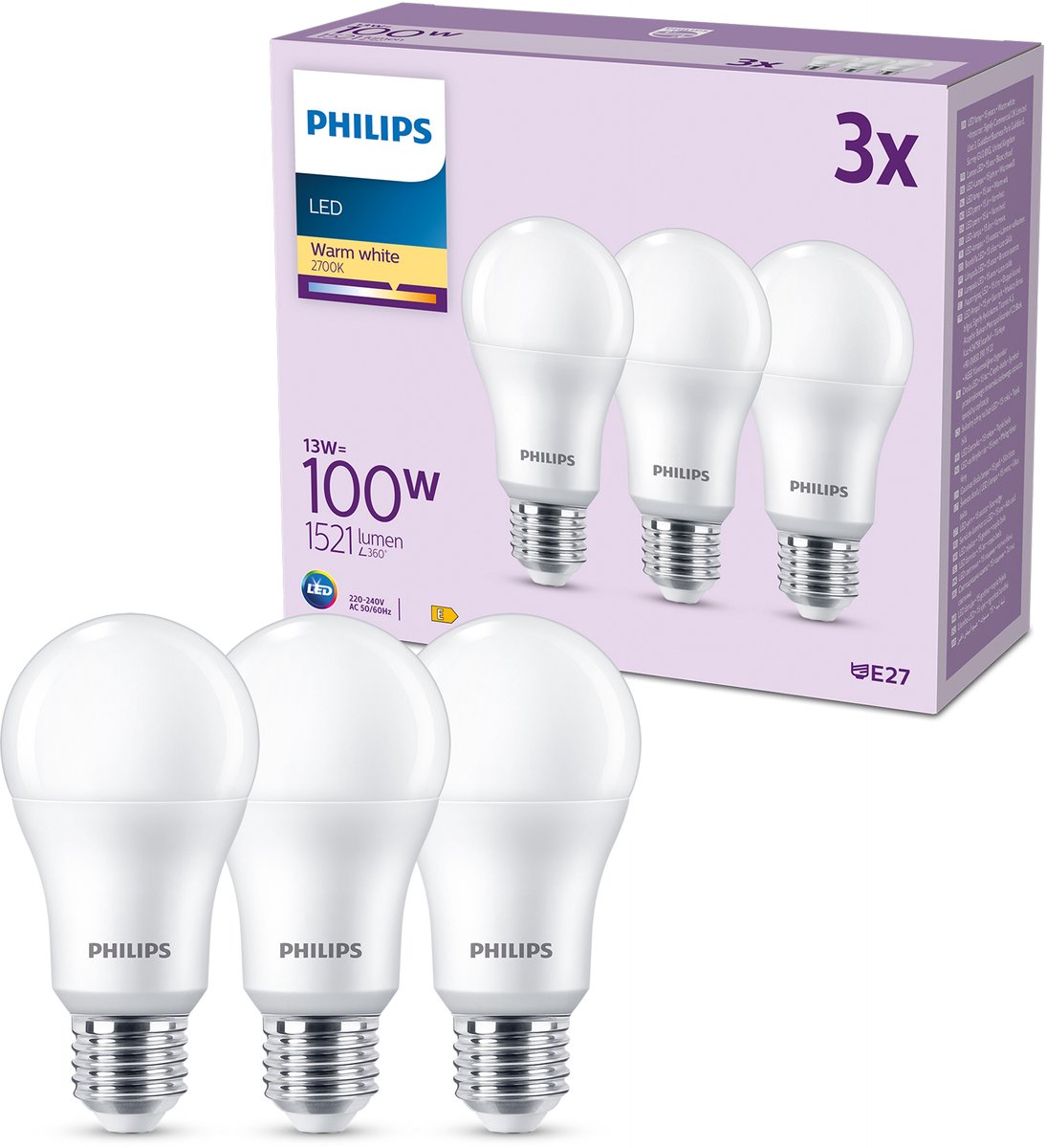 Philips led lamp mat - 100 w - e27 - warmwit licht - 3 stuks