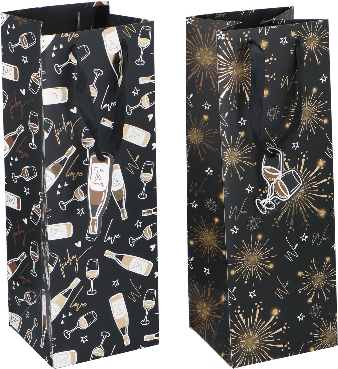 Party casa wijn cadeautas - cadeautas voor wijnfles - wijn geschenkzak met koordhandvat - cadeauverpakking voor fles wijn - zwarte wijn cadeauzak met feestelijk design - 1 willekeurige variant