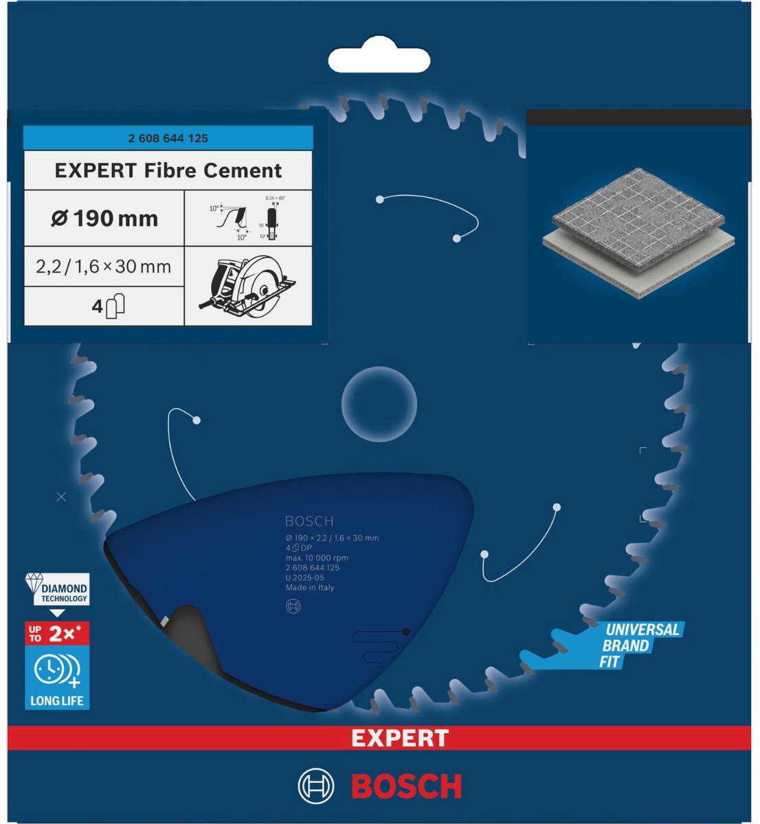 Bosch cirkelzaagblad fiber cement - 190 x 30 x 2,2 mm - t4 - 2608644125