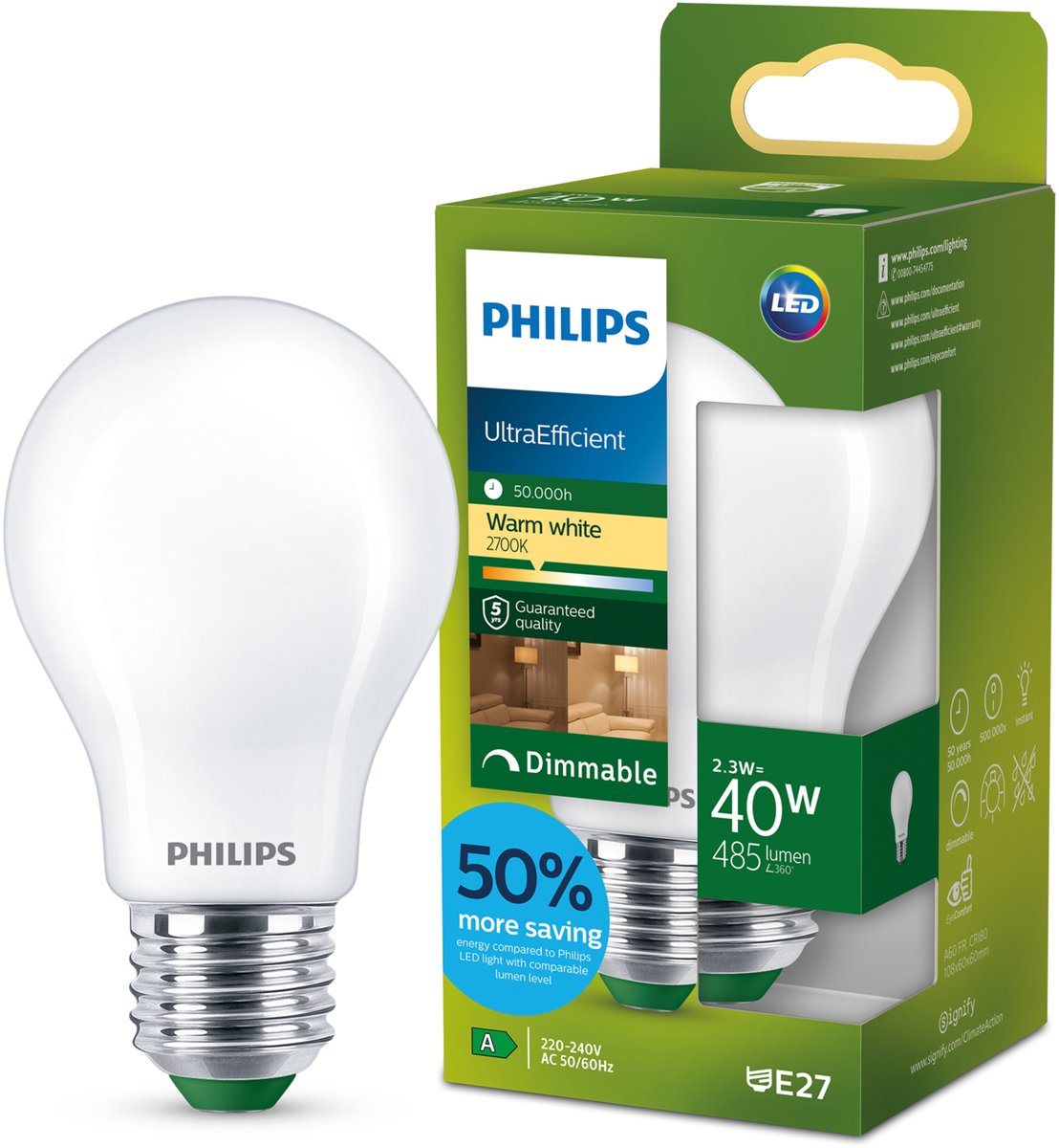 Philips led philips ultraefficient led lamp - 40w - e27 fitting - warmwit licht: 2700k - dimbaar - mat glas - a60 lampvorm - lange levensduur