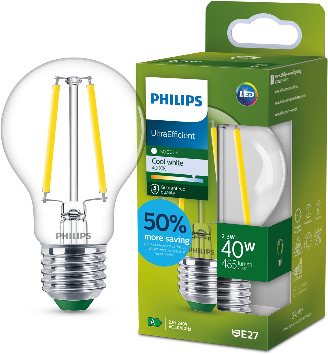 Philips led philips ultraefficient led lamp - transparant - 40w - e27-fitting - koelwit licht: 4000k - bespaar op energiekosten