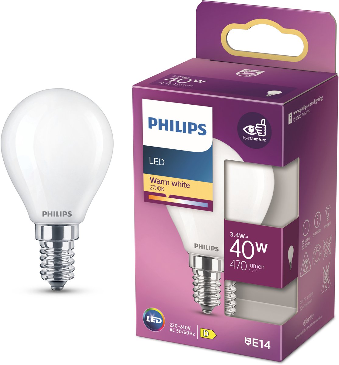 Philips led lamp - kogellamp met e14 fitting - warmwit licht: 2700k - 40w - mat glas