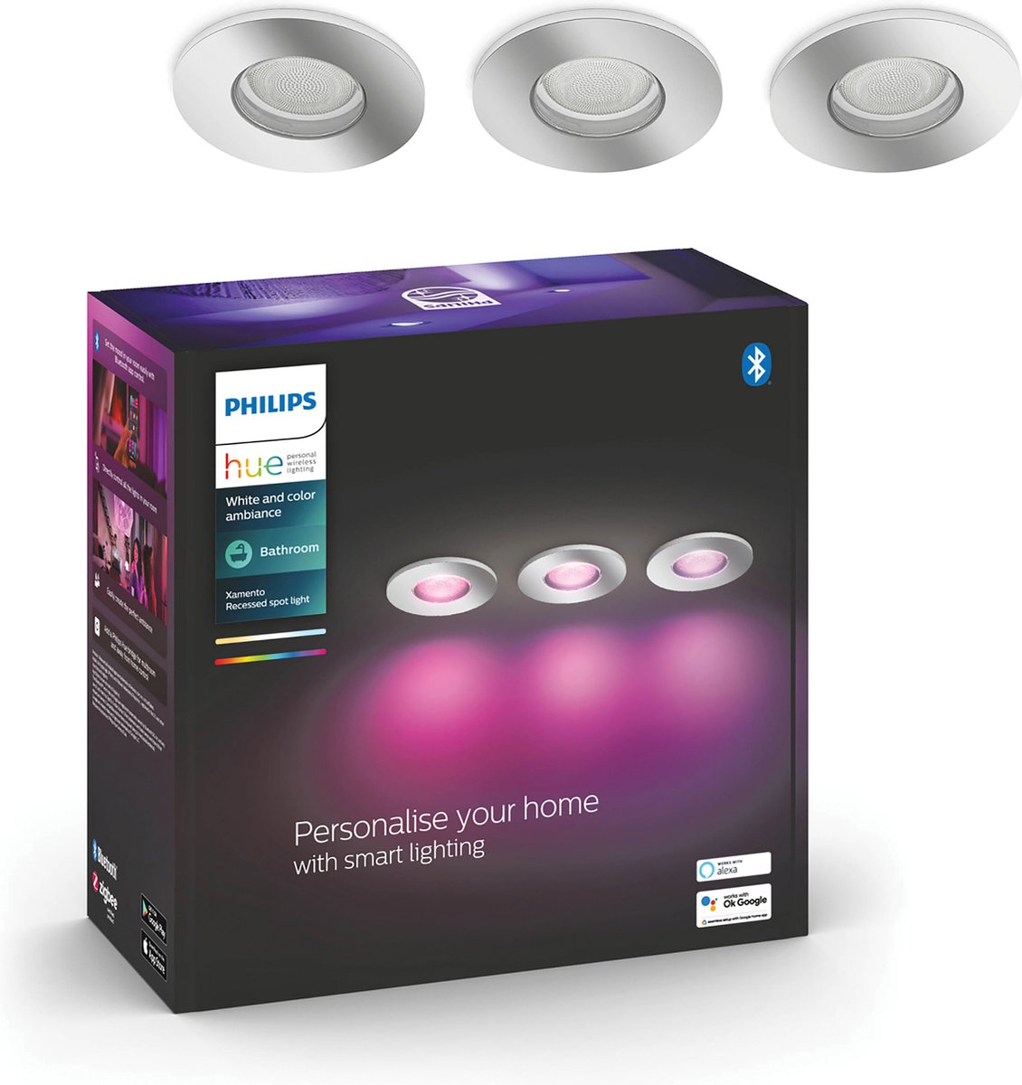 Philips hue xamento badkamerinbouwspot - wit en gekleurd wit - 3-pack - chroom - rond