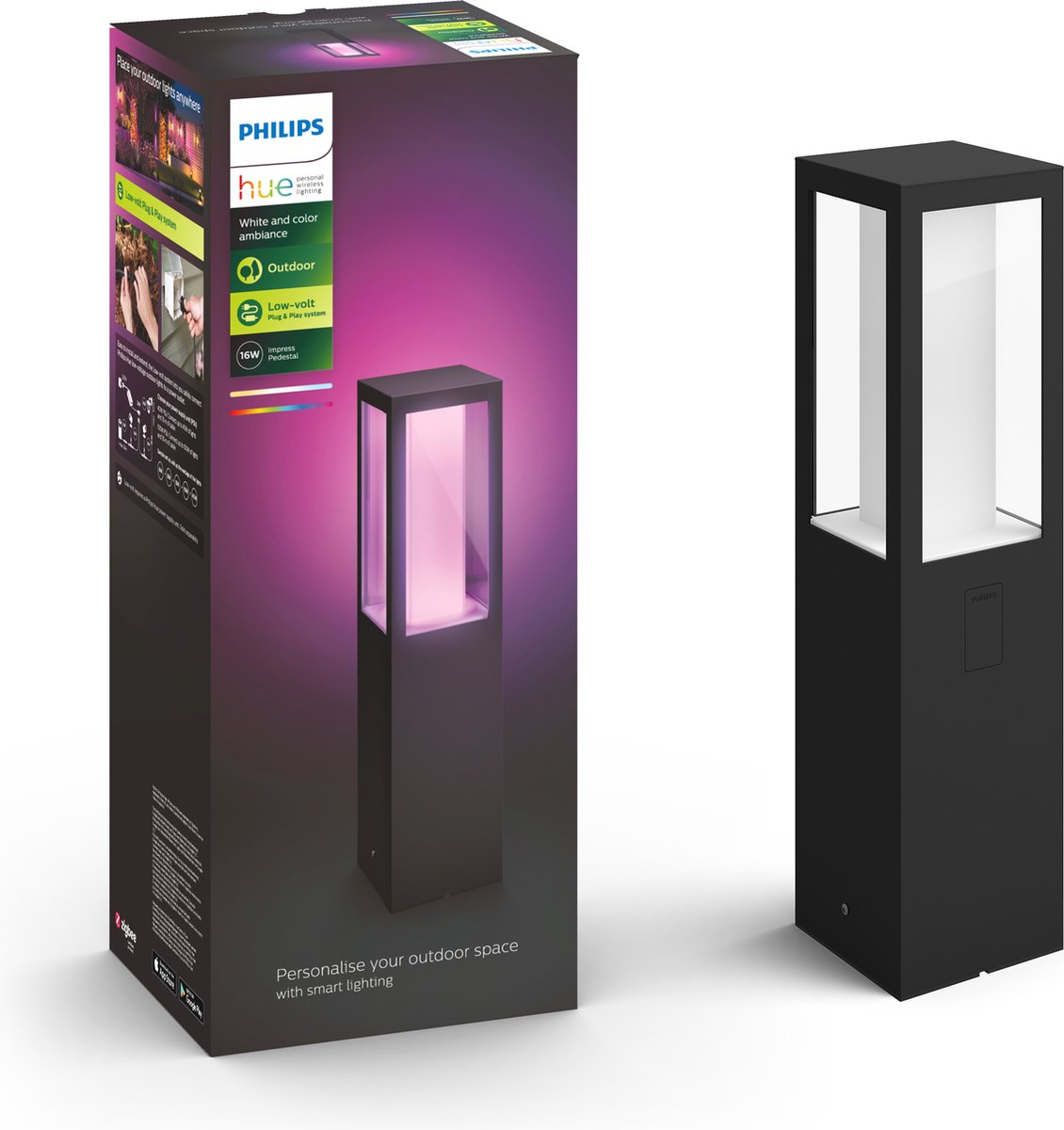Philips hue impress sokkellamp - wit en gekleurd licht - zwart - laag - lowvolt - uitbreiding