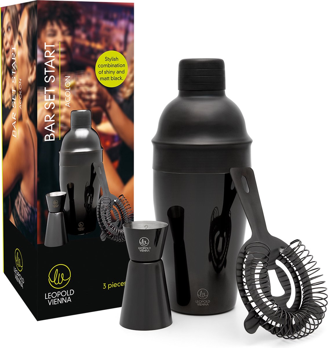 Leopold vienna - cocktail set acolon 3-delig zwart (cocktail shaker, strainer, pipet) cadeau giftset