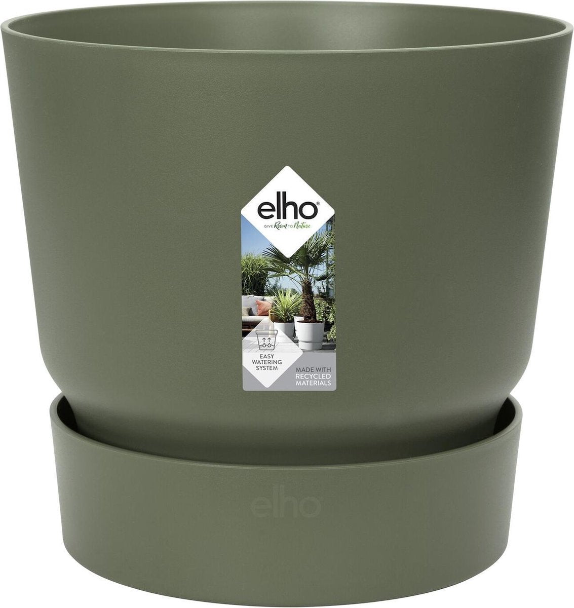 Elho greenville rond 14 - bloempot voor buiten met waterreservoir - 100% gerecycled plastic - ø 14 x h 13.4 cm - blad groen