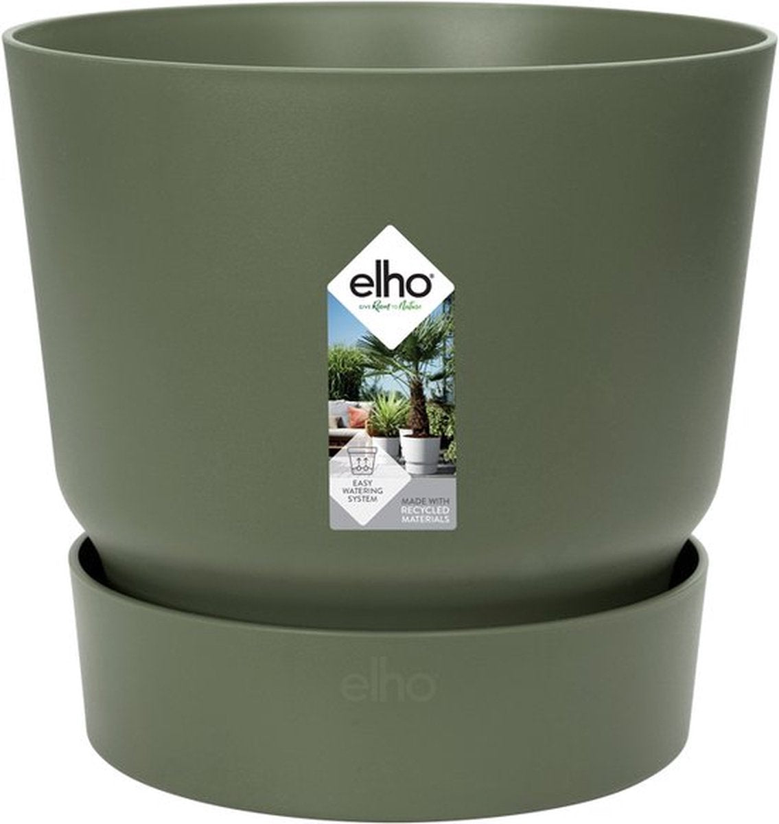 Elho greenville rond 16 - bloempot voor buiten met waterreservoir - 100% gerecycled plastic - ø 16 x h 15.3 cm - blad groen