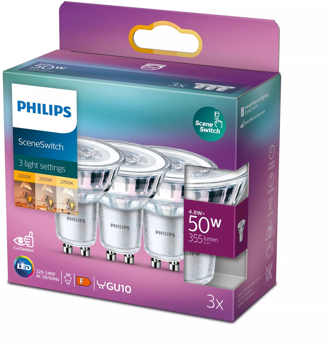 Philips led spot sceneswitch - 50 w - gu10 - warmwit licht - 3 stuks