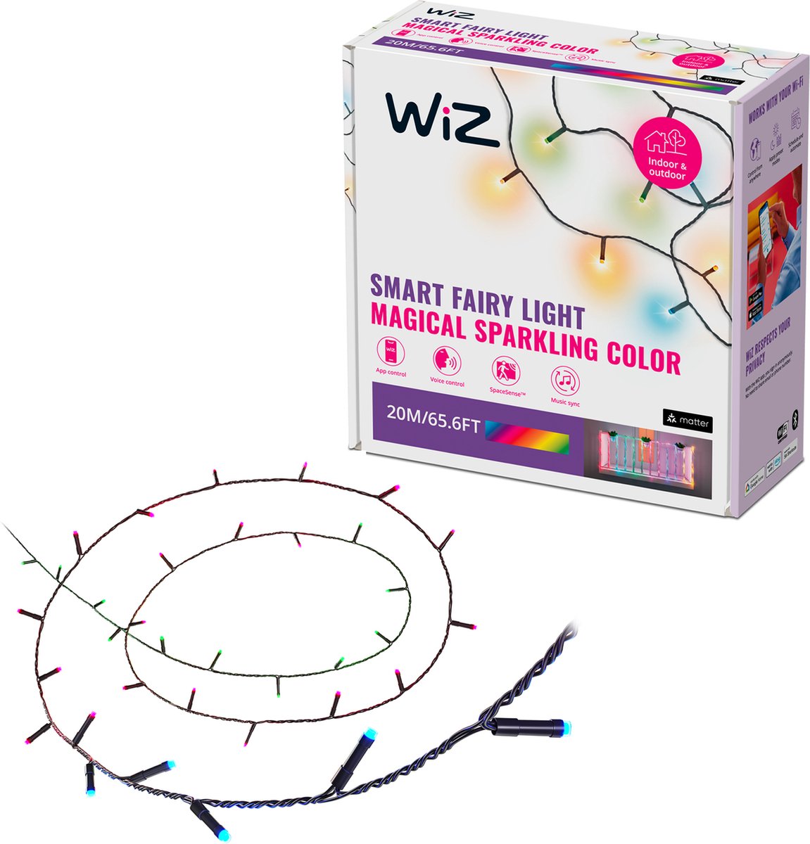 Wiz slimme lichtslinger - 20 meter - wit en gekleurd licht - 160 lampjes - 8 verschillende lichtzones - ook voor buiten