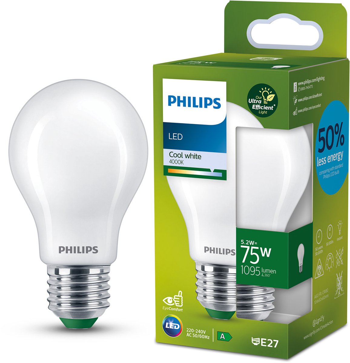 Philips led philips ultraefficient led lamp - mat - 75w - e27 fitting - koelwit licht: 4000k - bespaar op energiekosten