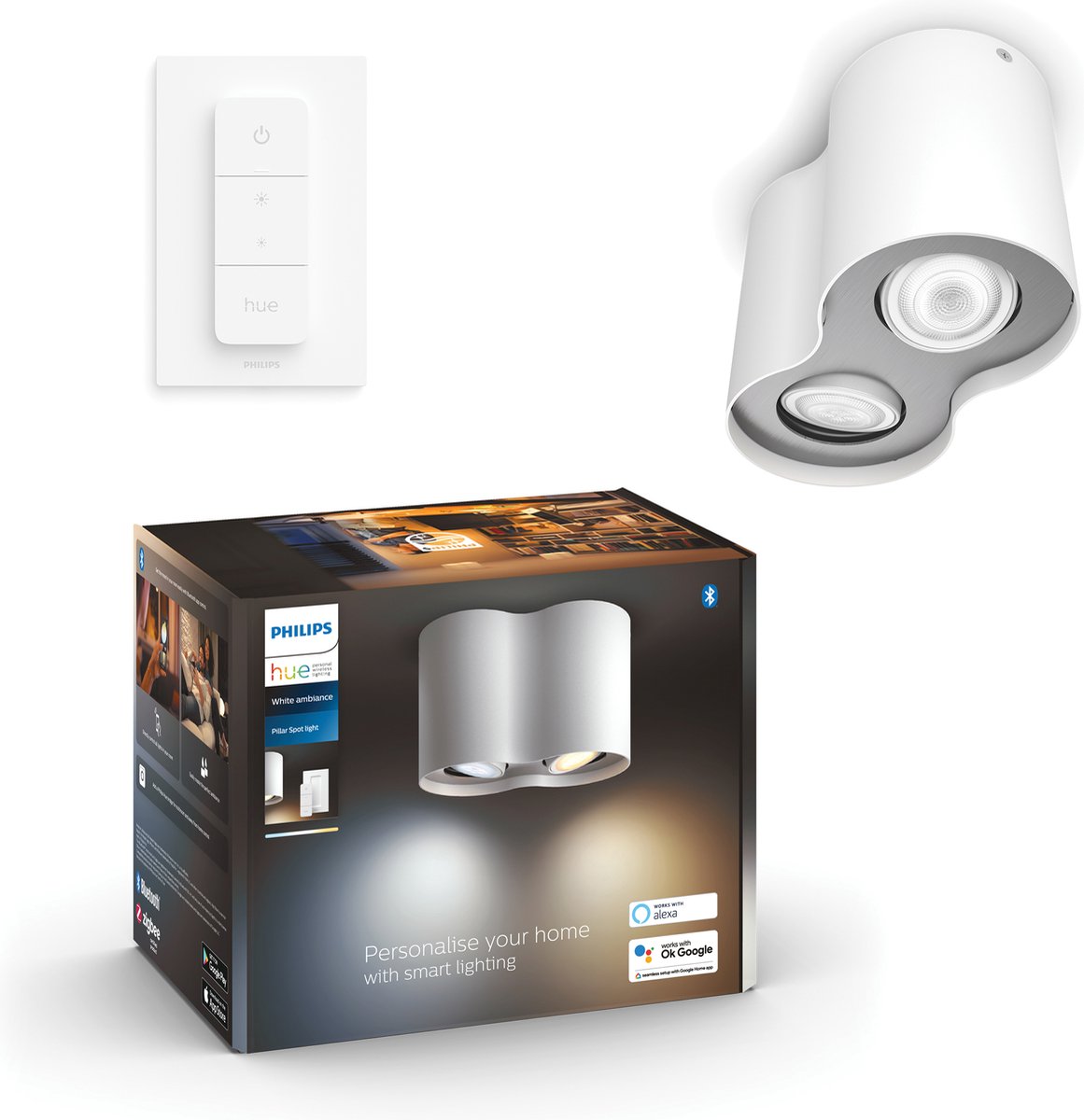 Philips hue pillar opbouwspot - warm- tot koelwit licht - 2 spots - wit - 1 dimmer switch - gu10