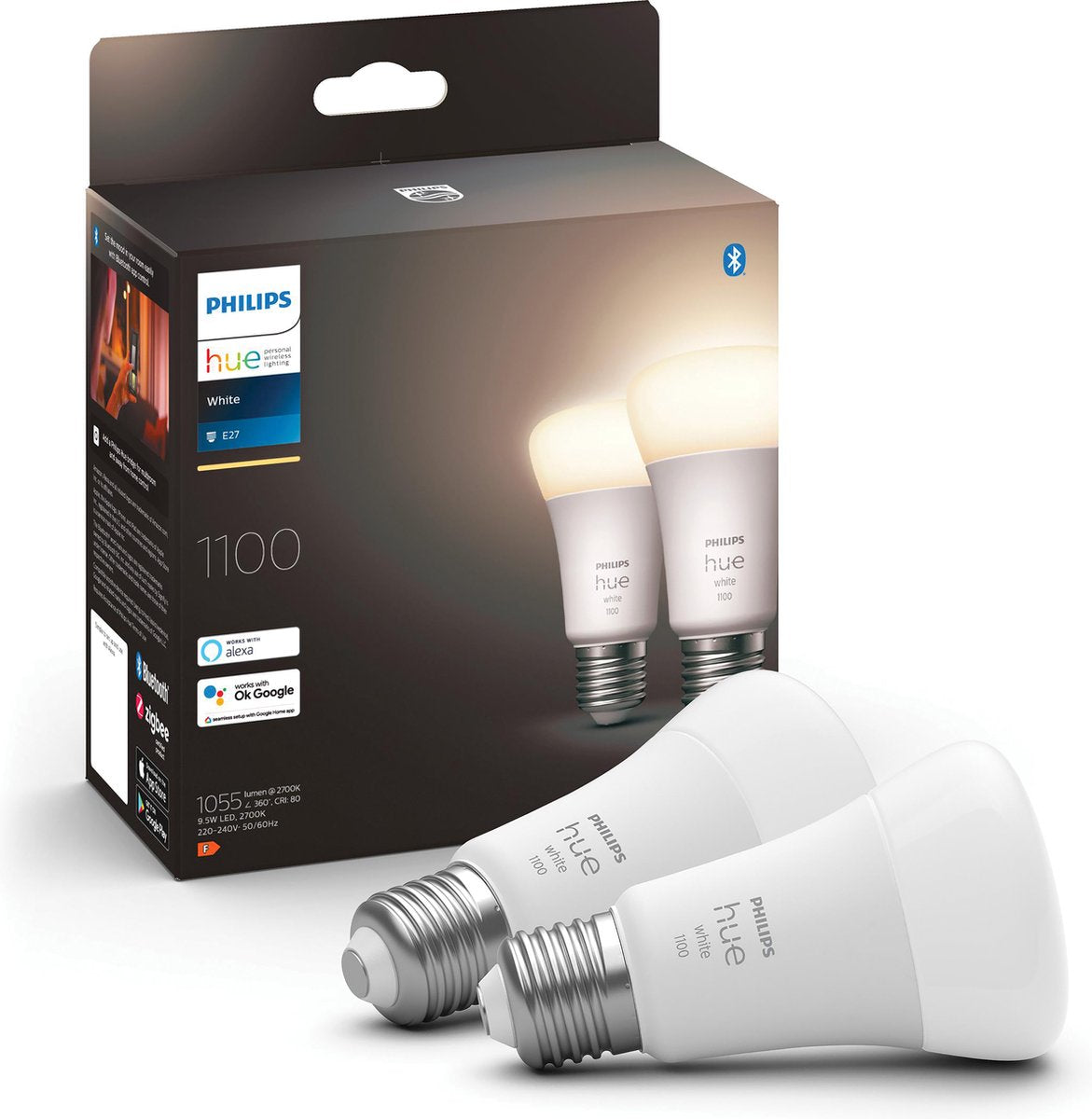 Philips hue standaardlamp e27 lichtbron - zachtwit licht- 2-pack - 1100lm - bluetooth