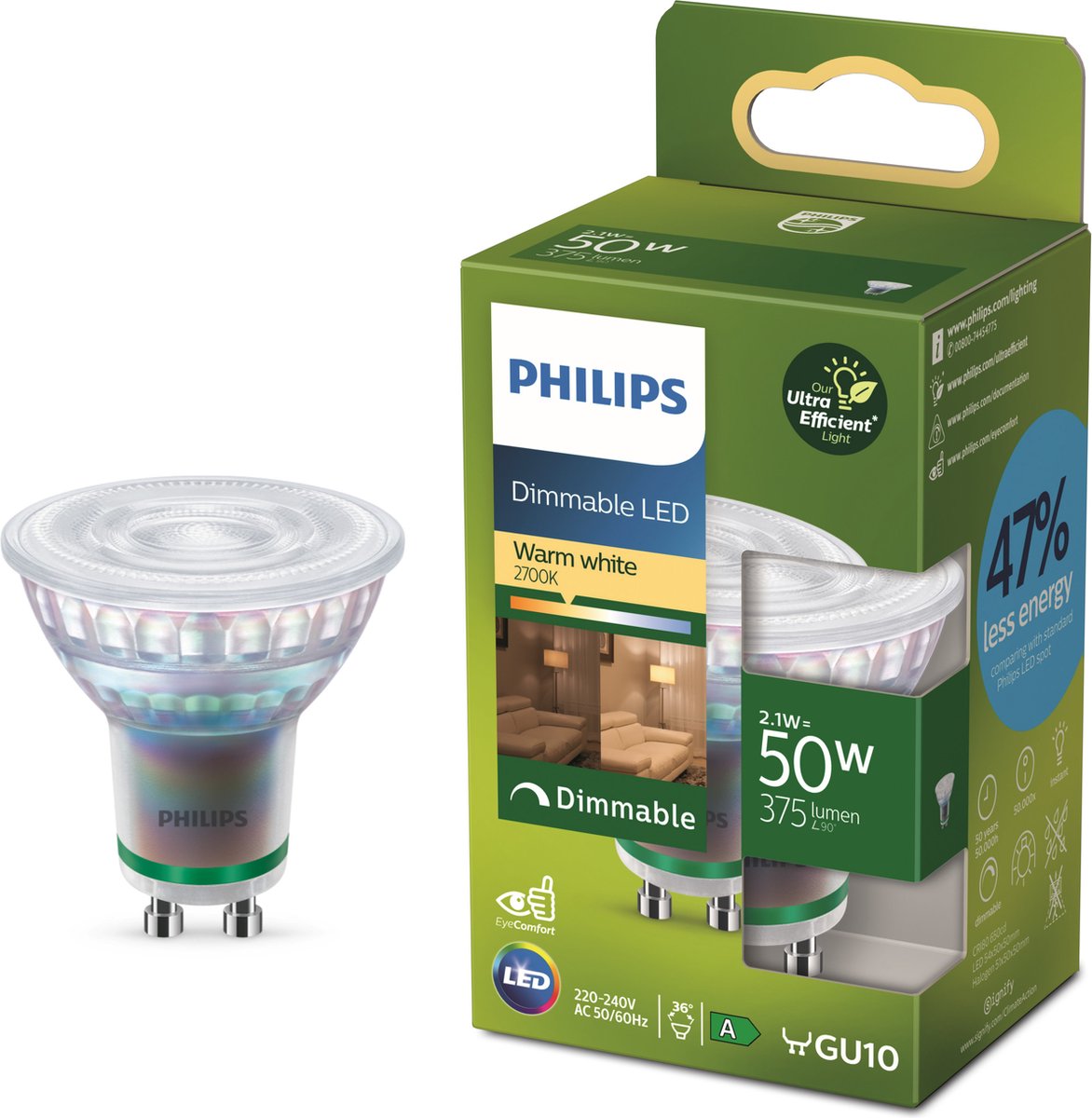Philips led philips ultra efficient led spot - 50w - gu10 - warmwit licht - dimbaar
