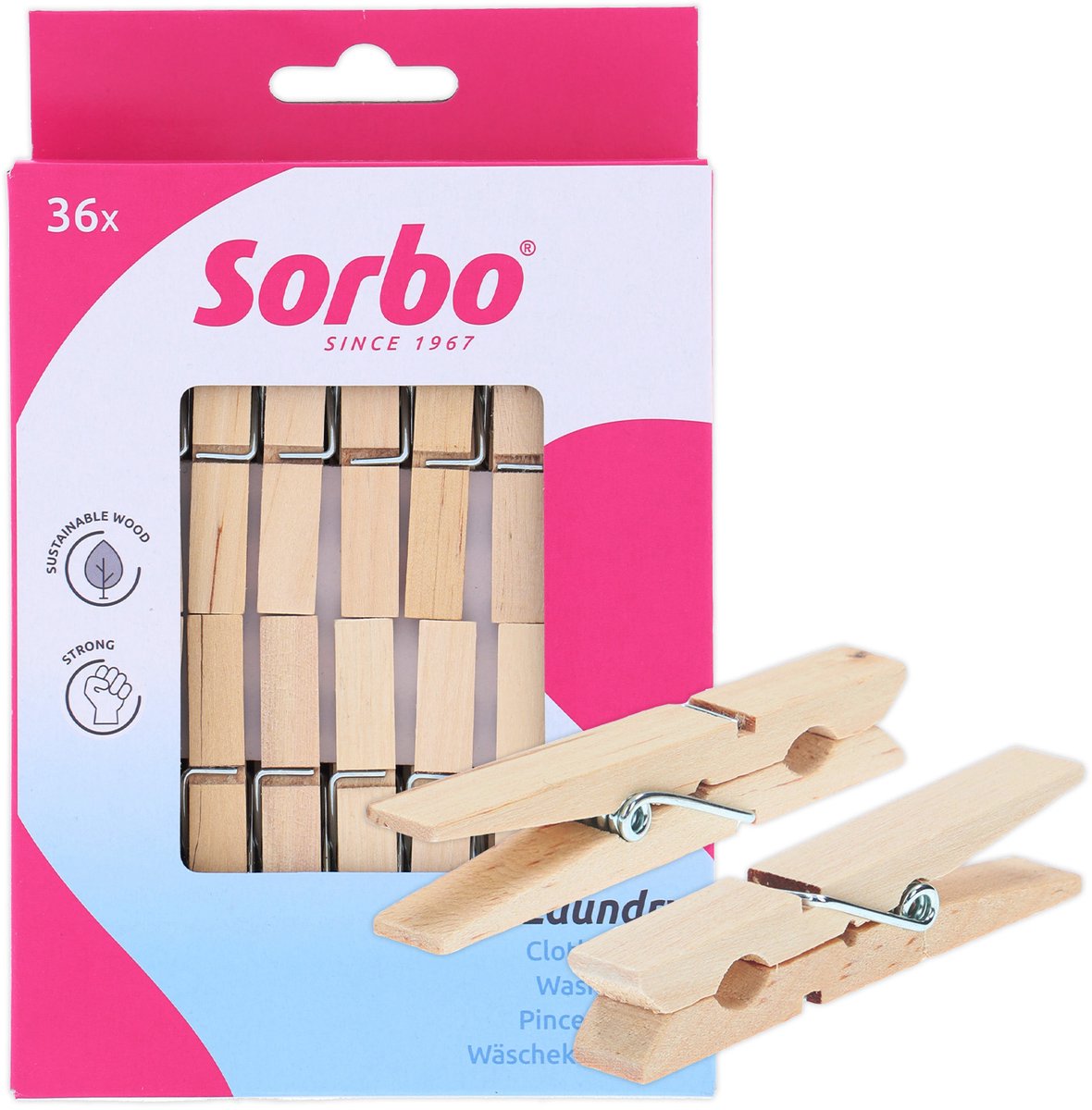 Sorbo houten wasknijpers - set van 36 - fsc® gecertificeerd - extra sterk met 7-slagsveer - knijpers
