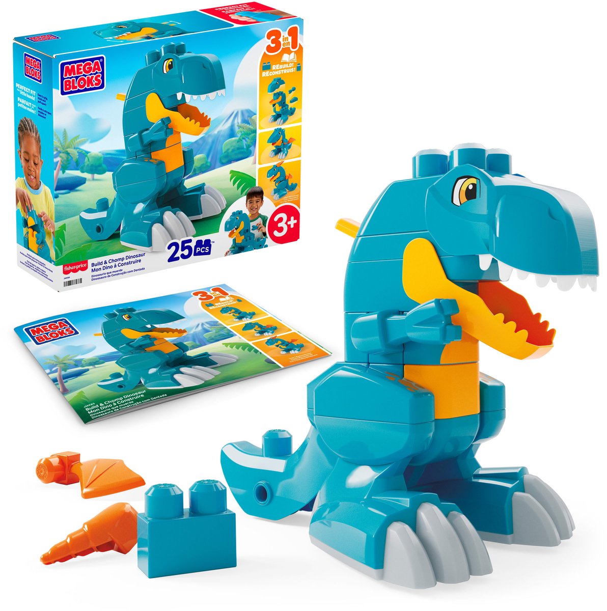 Mega bloks fisher-price speelgoedblokken bouw en hap dinosaurus - t-rex met draaiende wieltjes - 25 onderdelen
