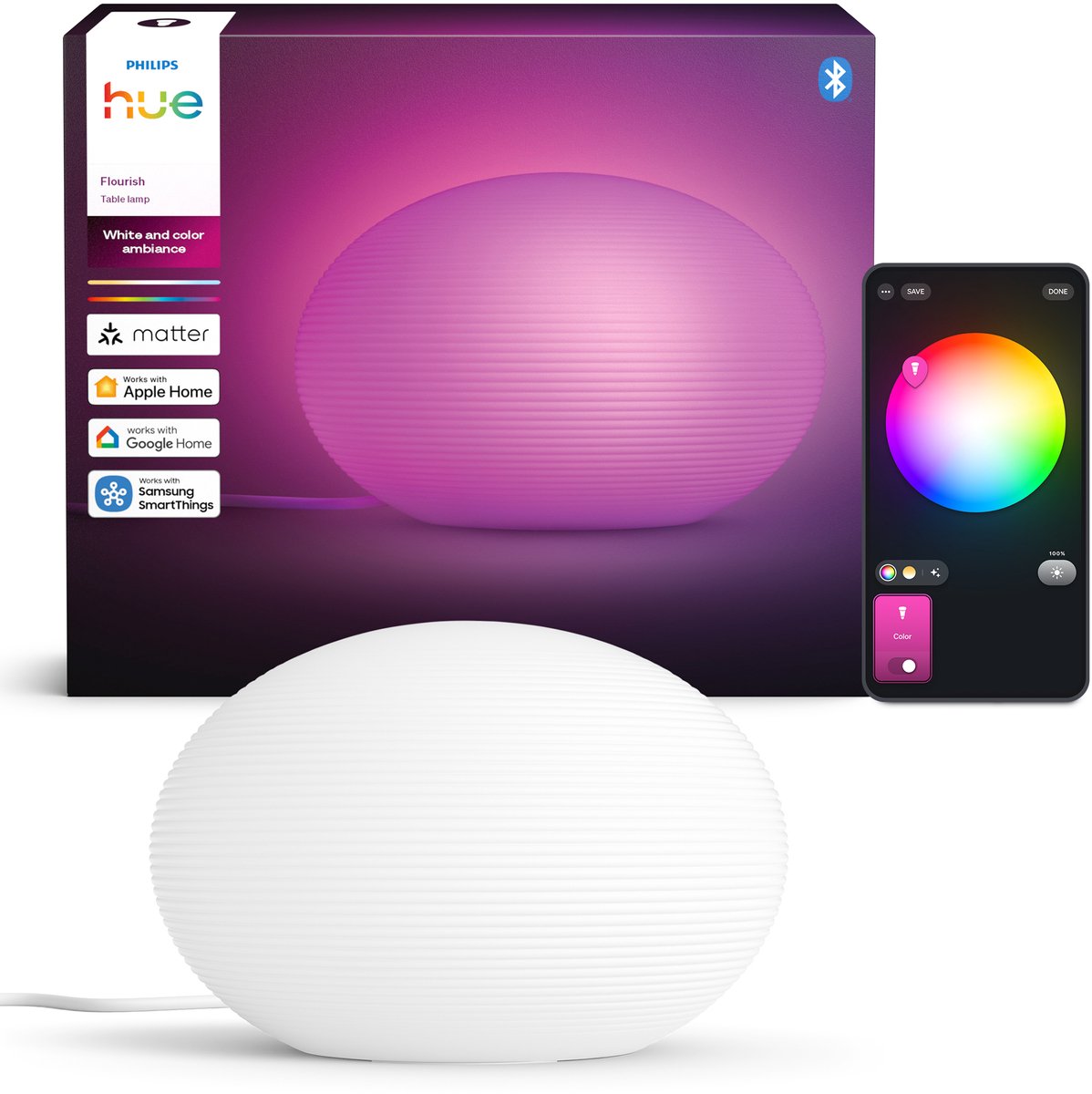 Philips hue flourish tafellamp - witte glazen kap - instelbaar wit en gekleurd licht - slimme led lamp inbegrepen - 1100 lumen - bediening via onze app of met je stem - compatibel met matter