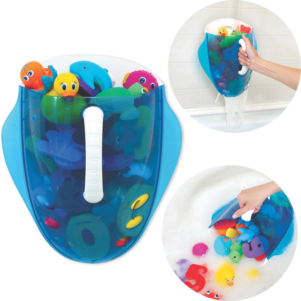 Munchkin badschep voor badspeelgoed - bath toy scoop - makkelijk badspeelgoed opbergen! - badkamer organizer - ophangbaar systeem blauw -