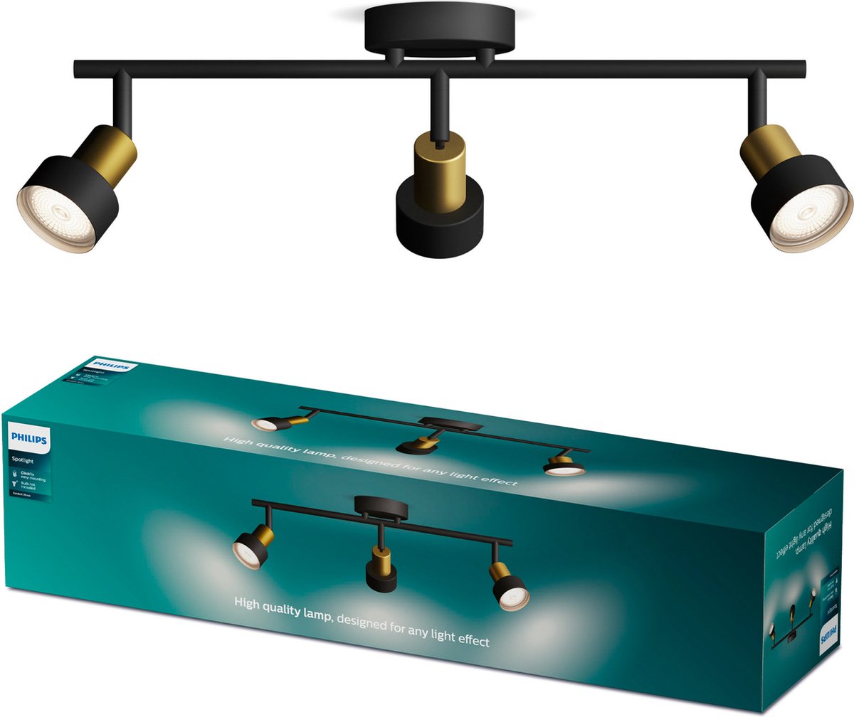 Philips led philips conduit spot - plafondspot met drie lichtpunten - zwart met goud design - gu10 led fitting