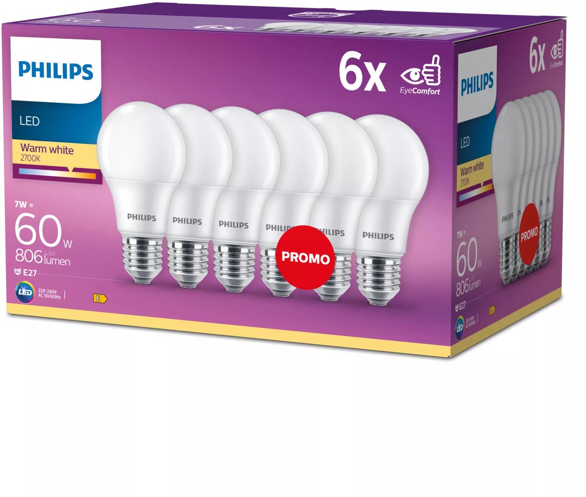 Philips led energiezuinige lamp mat - 60 w - e27 - warmwit licht - 6 stuks - bespaar op energiekosten