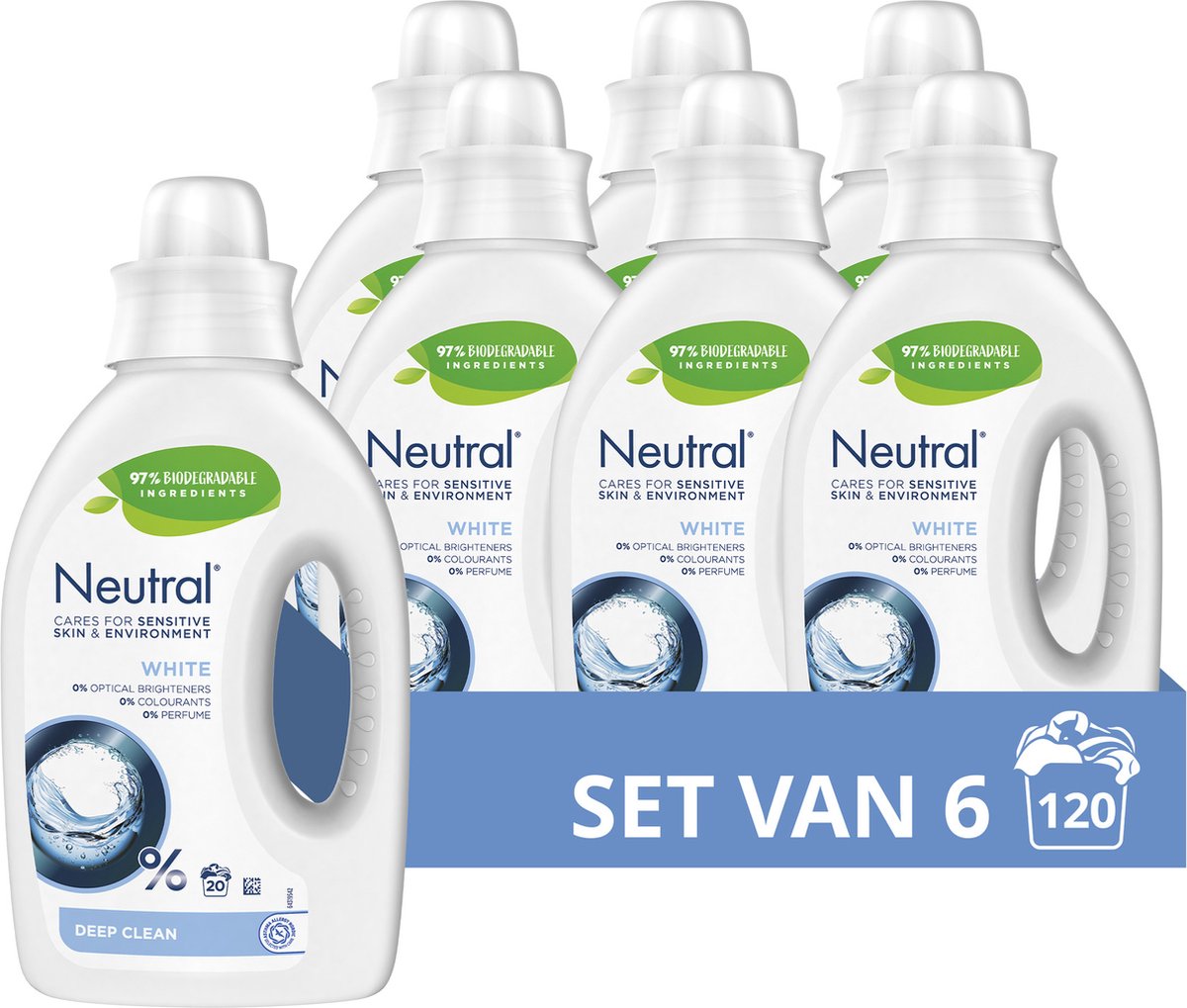 Neutral - vloeibaar wasmiddel - wit - parfumvrij - 6 flessen - 120 wasbeurten - voordeelverpakking
