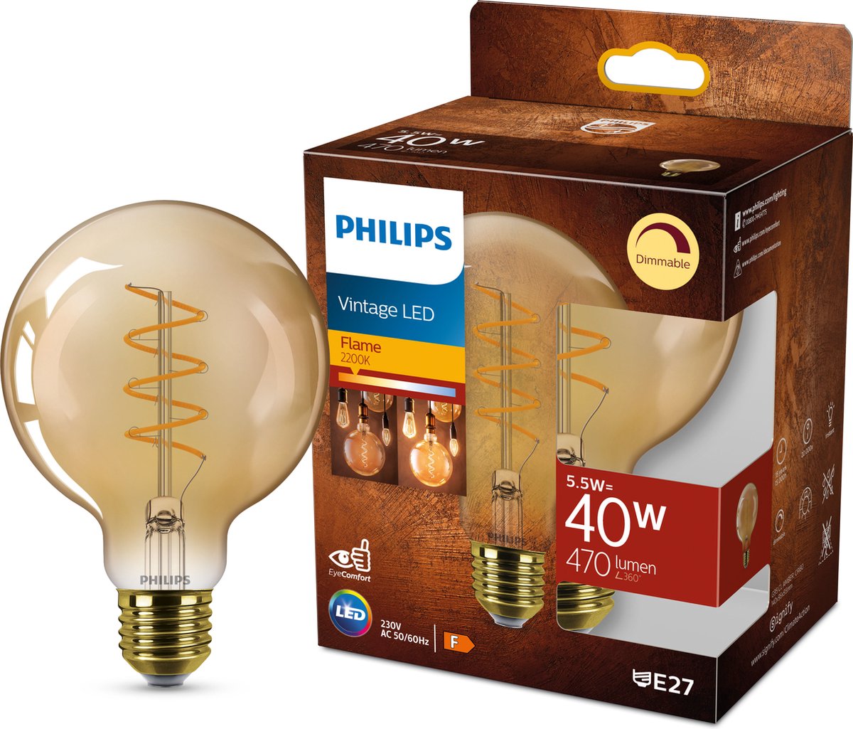 Philips led globe spiraal goud - 60 w - e27 - dimbaar extra warmwit licht
