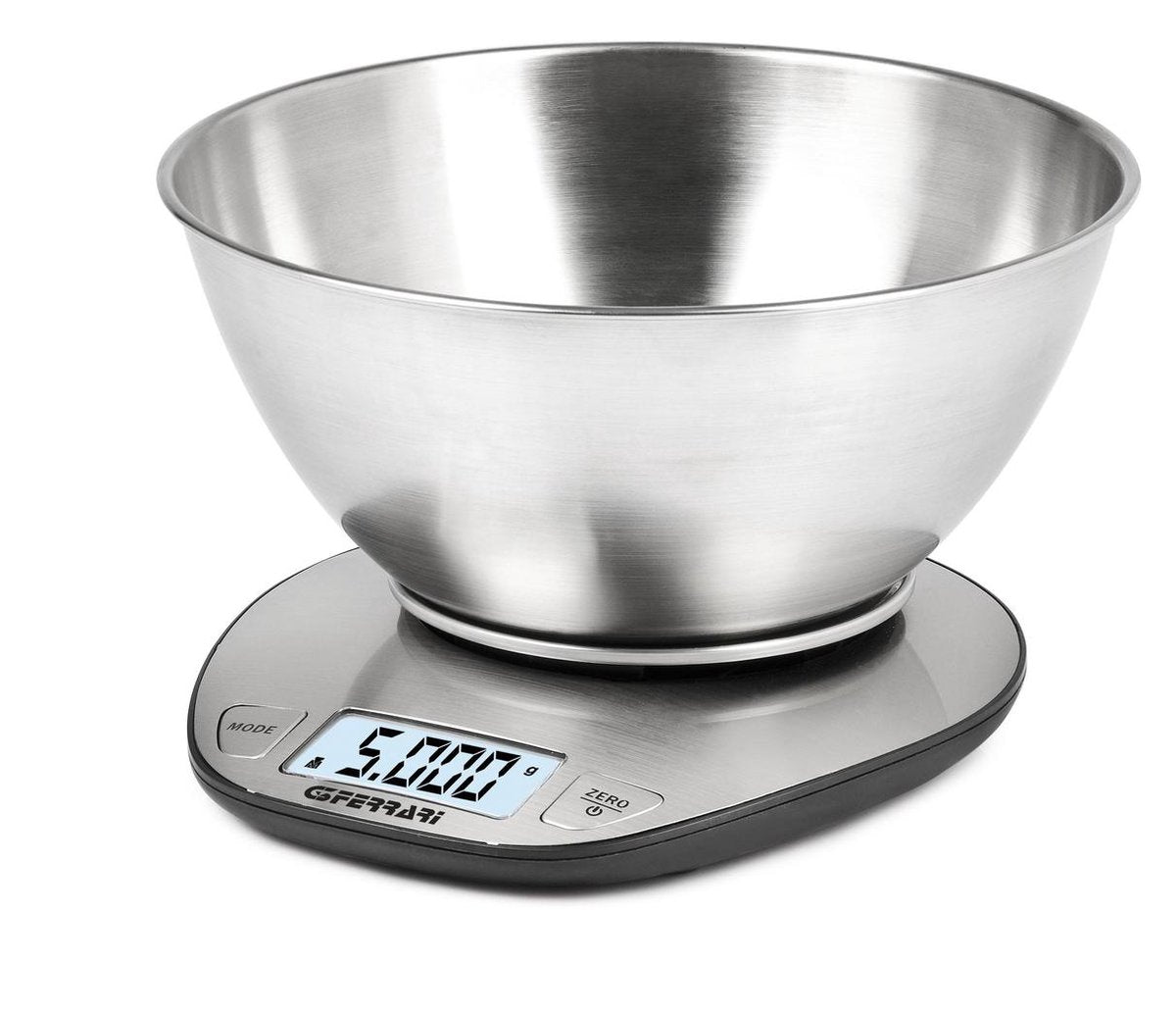 G3 ferrari linea – digitale keukenweegschaal met rvs kom – max. 5 kg – lcd display met backlight – tare functie – gram lb:oz – zilver zwart