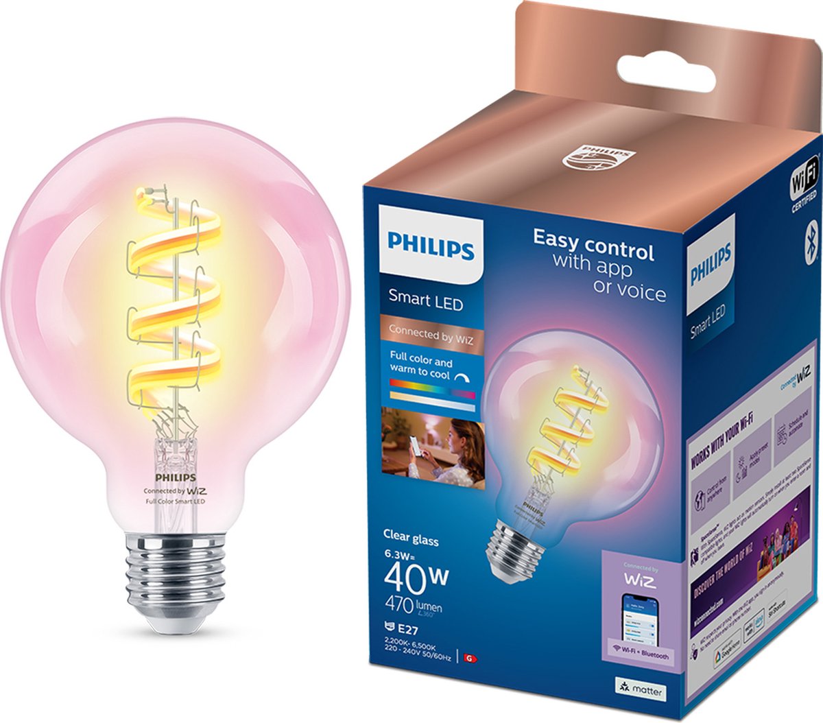 Philips led philips smart lighting - globe filament - slimme led-verlichting - gekleurd en wit licht - e27 - transparant - 40w - wi-fi