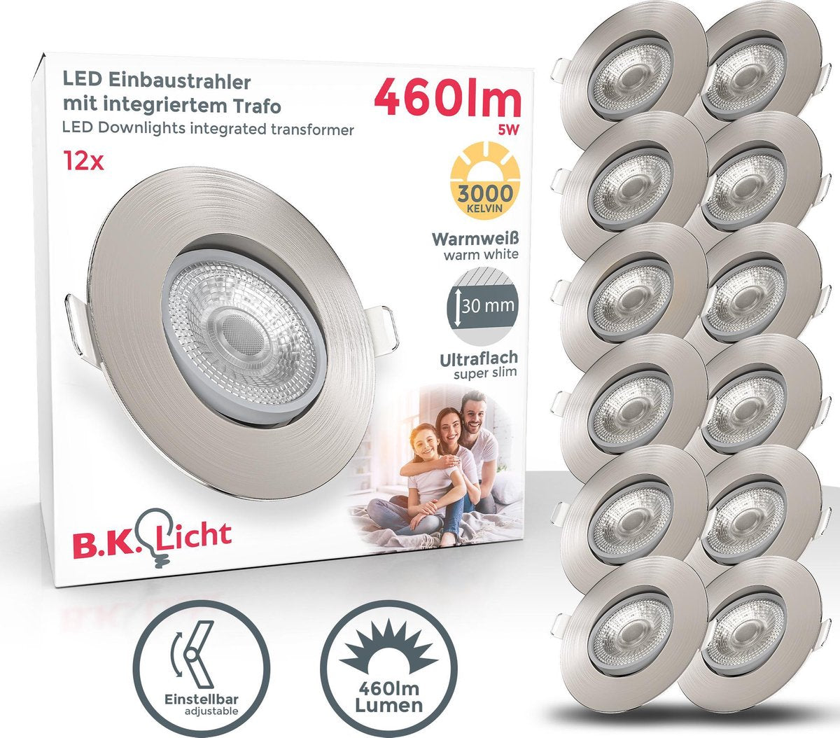 B.k.licht - led inbouwspots - 12 stuks - spotjes kantelbaar - ronde - ø9cm - warm wit licht 3.000k - 460lm - 5w - nikkel