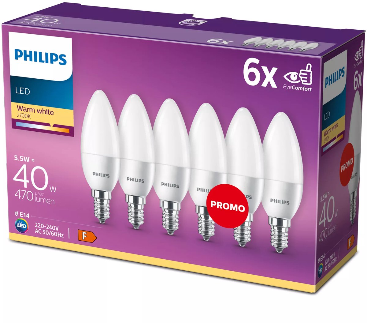 Philips led energiezuinige kaars mat - 40 w - e14 - warmwit licht - 6 stuks - bespaar op energiekosten