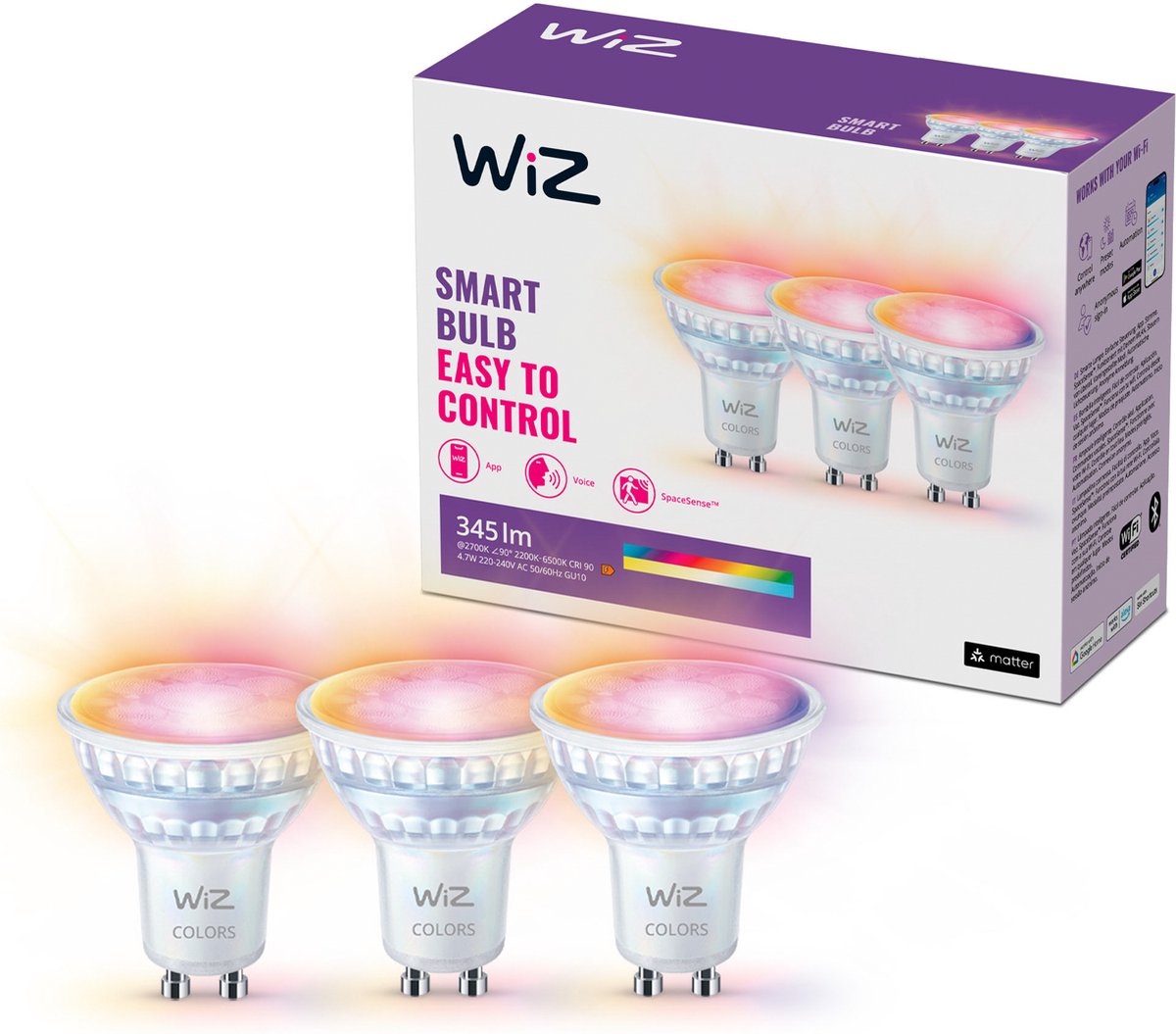 Wiz spot 3-pack - gekleurd en wit licht - slimme led verlichting - gu10 fitting - 50w - glas - wi-fi