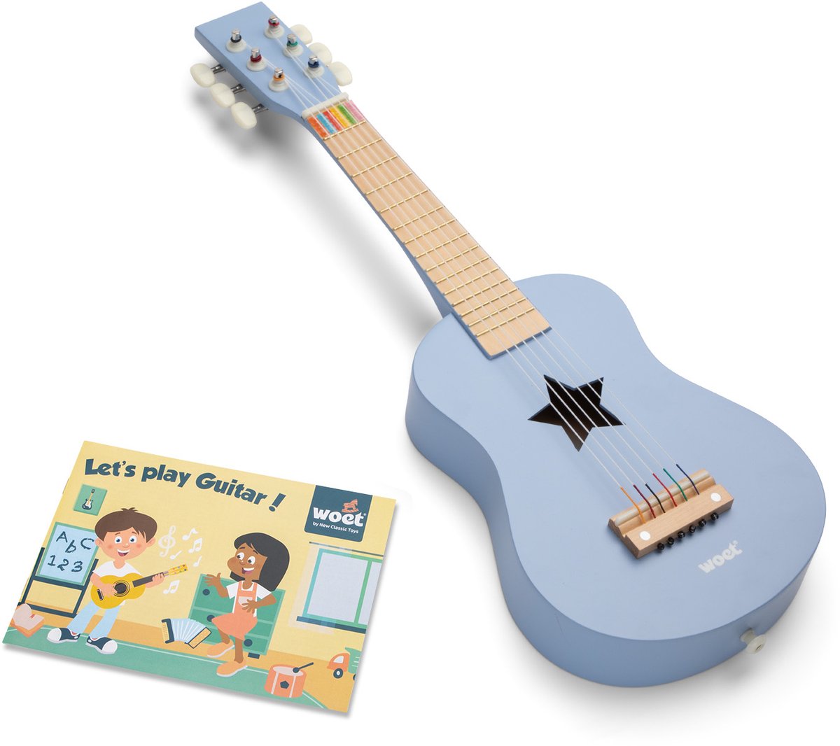 Woet ® houten speelgoedgitaar met draagriem - blauw - speelgoedinstrument - mijn eerste gitaar inclusief muziekboekje - speelgitaar voor kinderen - vanaf 3 jaar