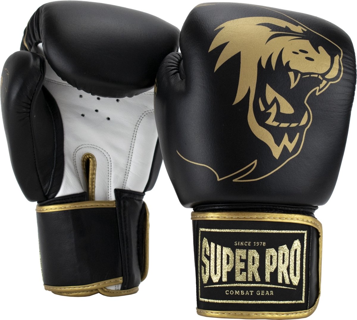 Super pro combat gear warrior se lederen (kick)bokshandschoenen zwart goud wit 12oz
