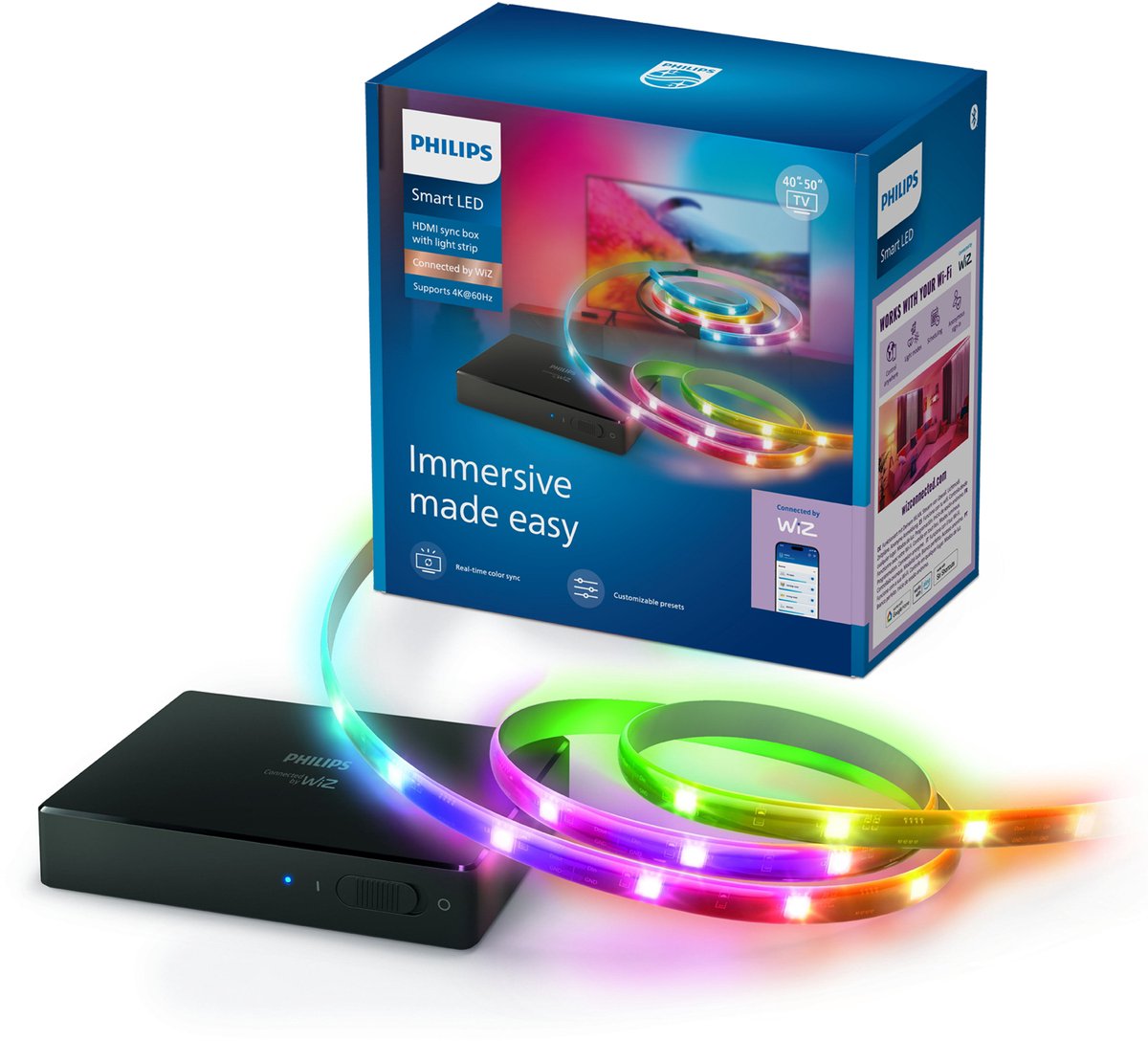 Philips smart lighting - hdmi 2.0 sync box - met rgbic led strip voor 40 tot 50 tv's - synchroniseer je verlichting met je beeldscherm - 4k bij 60hz - werkt met de wiz app - wifi - entertainment starterkit