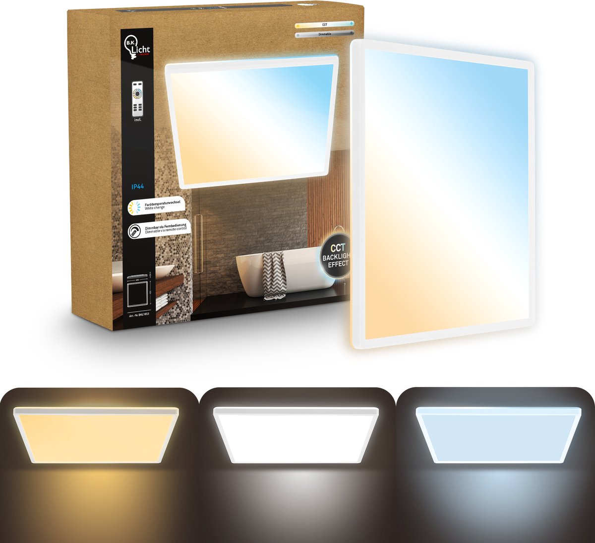 B.k.licht shallow - dimbaar badkamerlamp plafonniere - plafondlamp met afstandsbediening - badkamerverlichting met cct - ip44 - 42 x 42 cm - wit