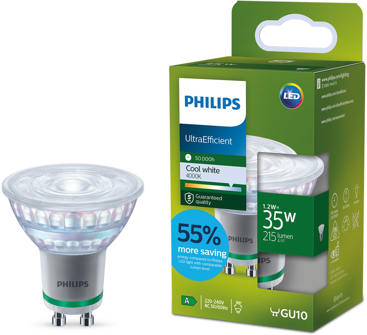 Philips led philips ultraefficient led spot - 35w - gu10 fitting - koelwit licht: 4000k - verbruikt slechts 1.2 watt - bespaar op energiekosten