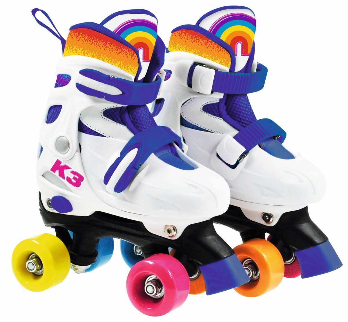K3 - rolschaatsen - maat 34 37 - verstelbaar in 4 maten - met stopper - wit - regenboog - met wieltjes in 4 kleuren - 3 varianten