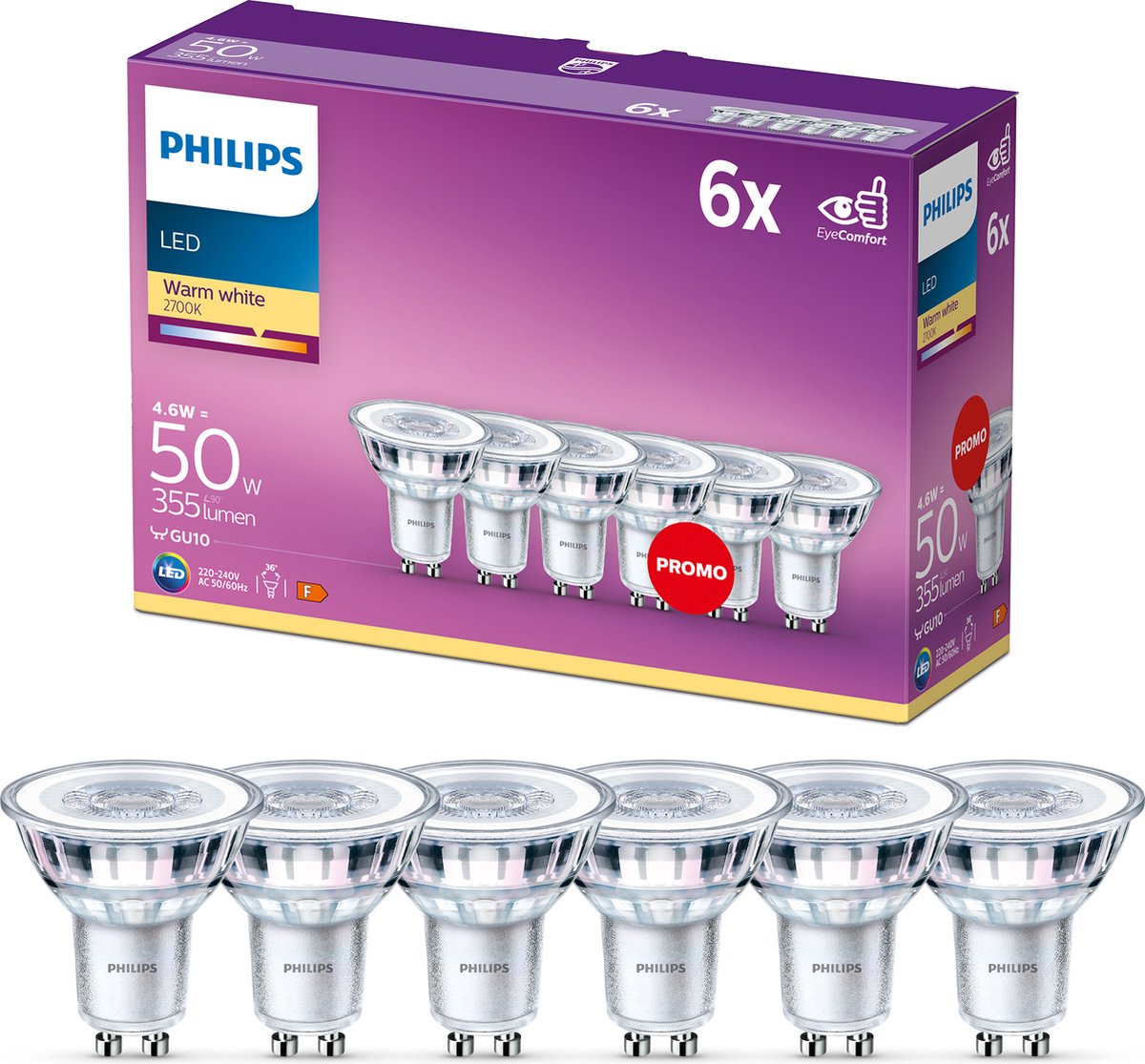 Philips led energiezuinige spot - 50 w - gu10 - warmwit licht - 6 stuks - bespaar op energiekosten