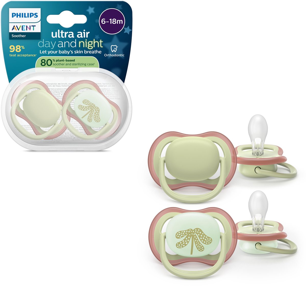 Philips avent ultra air day night – fopspeenset met dag- en nachtversie – 2 stuks – 6-18 mnd - scf087 18