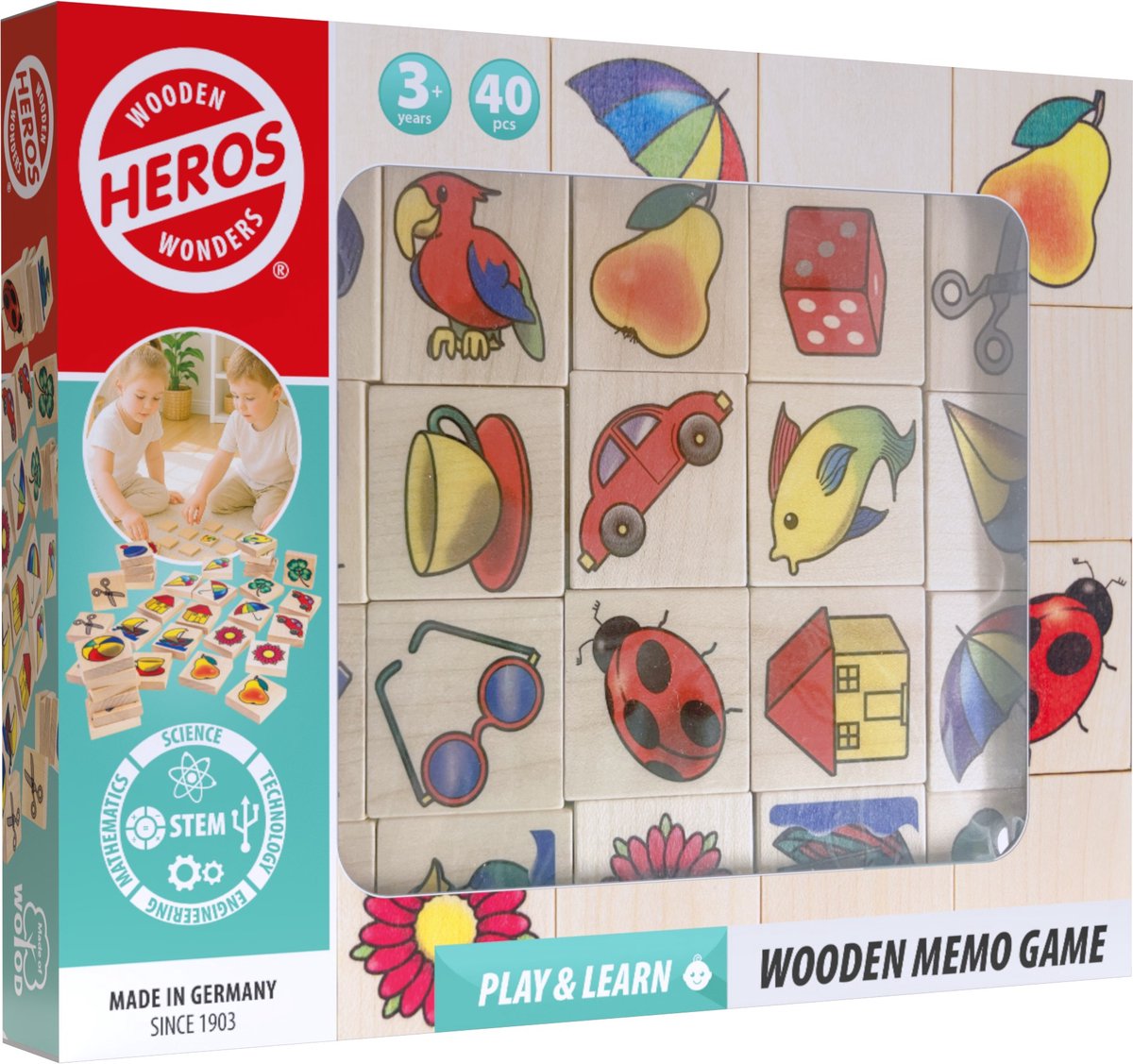 Heros houten memospel – bordspel – 40 stuks – educatief geheugenspel – fsc hout – gemaakt in duitsland – vanaf 3 jaar