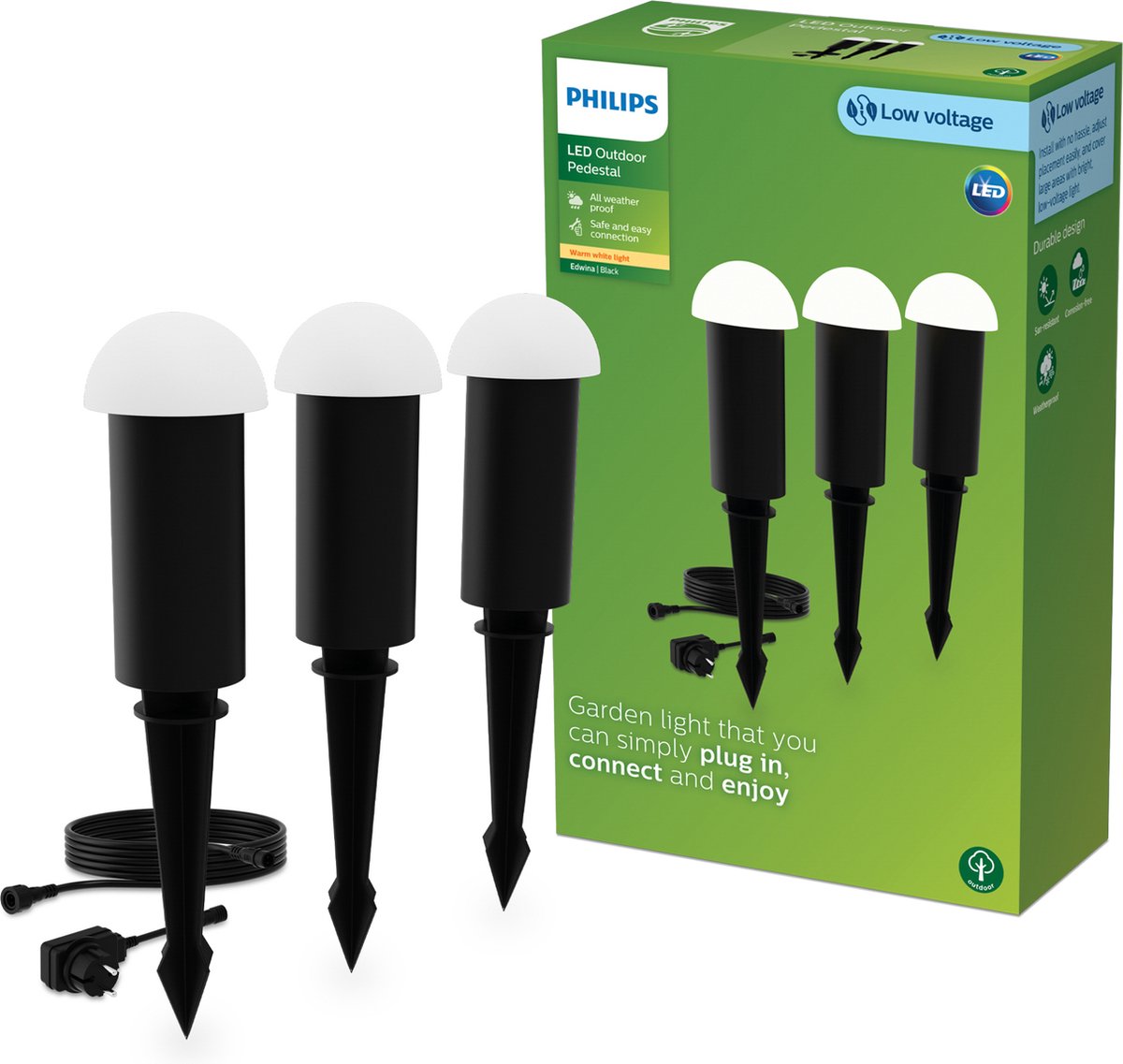 Philips led philips edwina gardenlink - 3-pack - sokkellamp met spies - 24v - warm wit licht; 2700k - zwart - tuinpadverlichting
