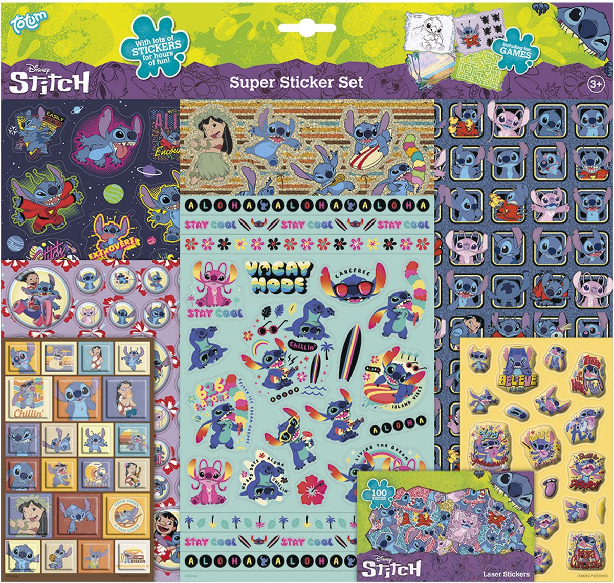Totum disney stitch stickers - super stickerset xl 7 vellen | speelgoed knutselen en stickeren meisjes en jongens - incl. luxe stickers en spelletjes