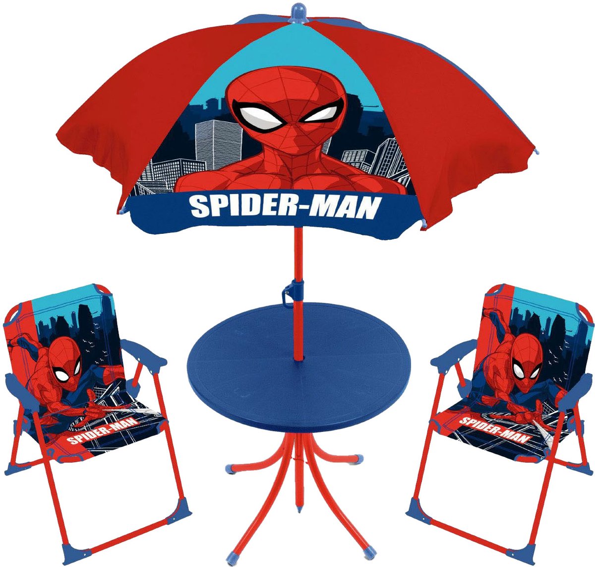 Marvel lobbes spiderman kinder tuinset met tafel, stoelen en parasol.
