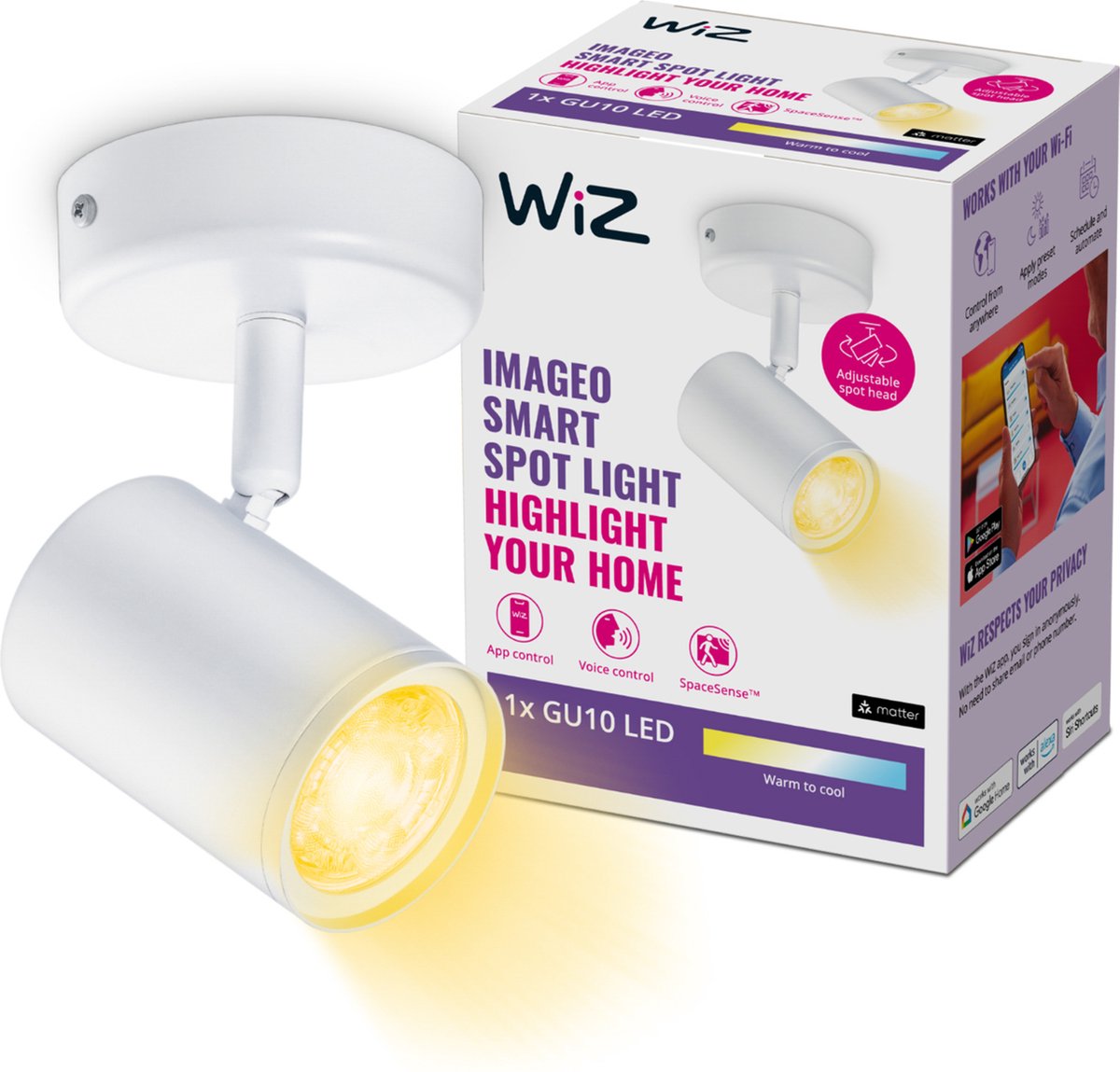 Wiz plafondlamp imageo - opbouwspot - 1 spot - warm- tot koelwit licht - slimme led verlichting - gu10 fitting - 1x 5w - wit - wi-fi