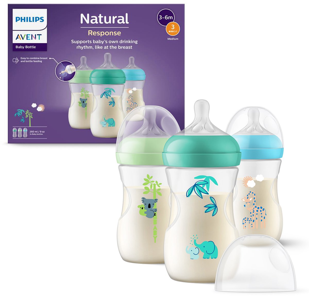 Philips avent natural response babyfles - 260 ml – flow 3 – 3 stuks - decoratie - scy903 72